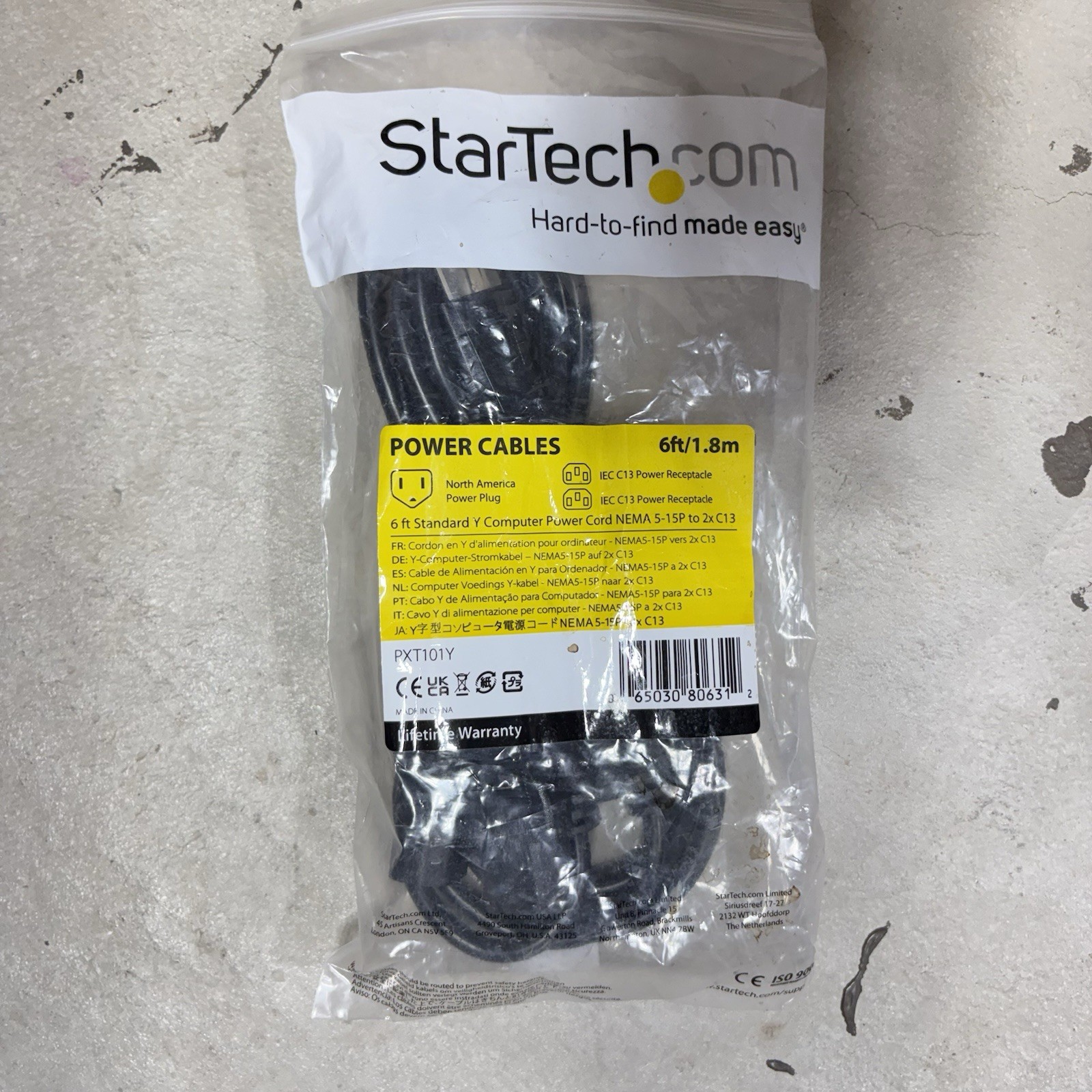 ⁠StarTech 6ft Computer Power Cord Y Splitter NEMA 5-15P to 2x C13 PXT101Y NEW