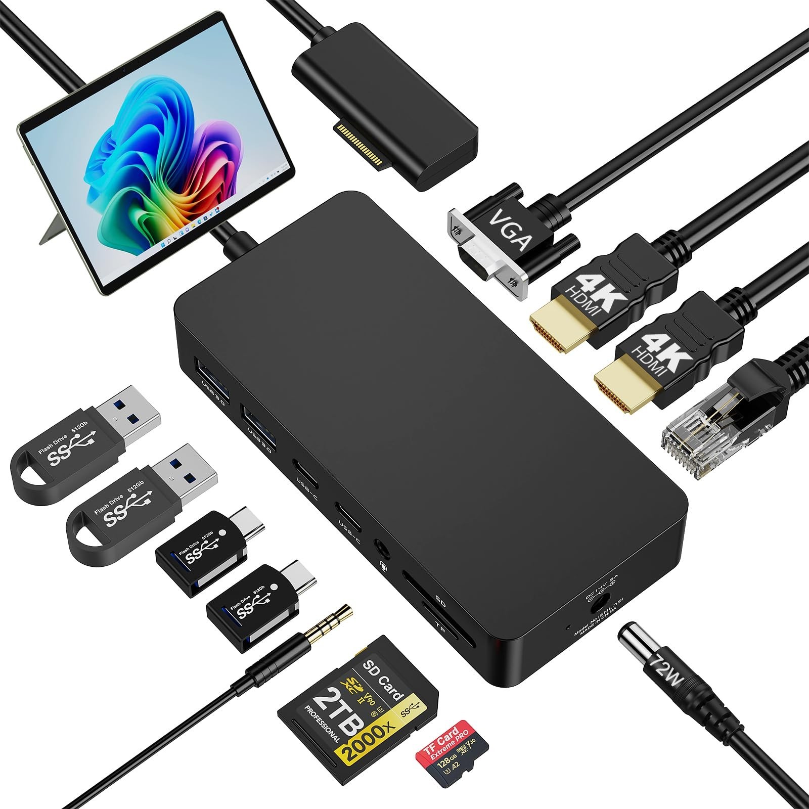 Quanlex Dual HDMI+VGA Dock Works Devices - 12-in-1 Triple Display Docking Sta...