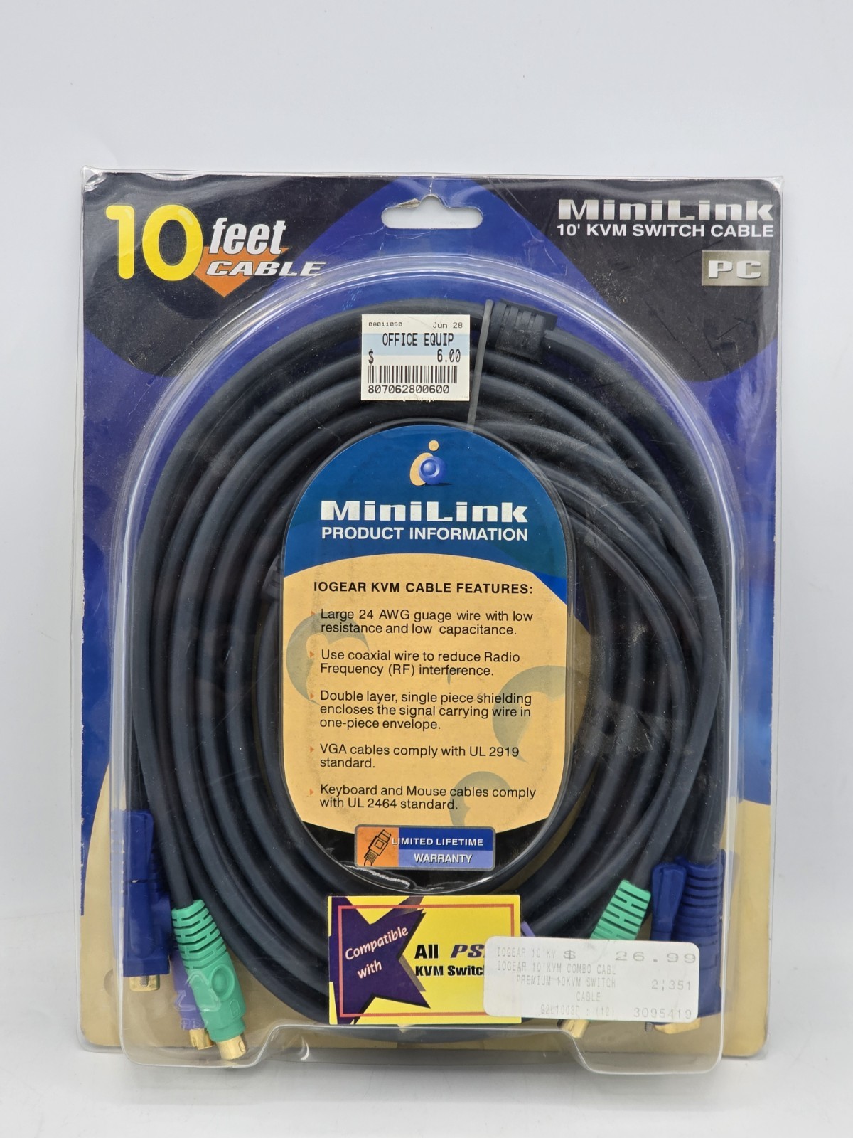 Premium KVM Cable 10FT Video VGA PS2 Male to Female - NOS - USA Ship