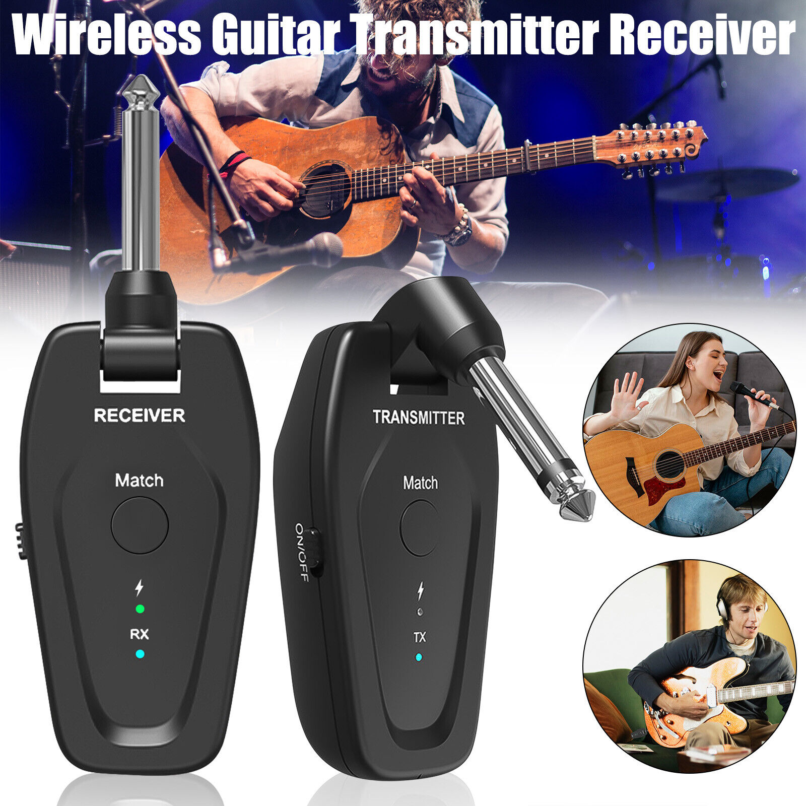 UHF 2.4GHz Wireless Guitar System Transmitter Receiver 4 Channels Rechargeable