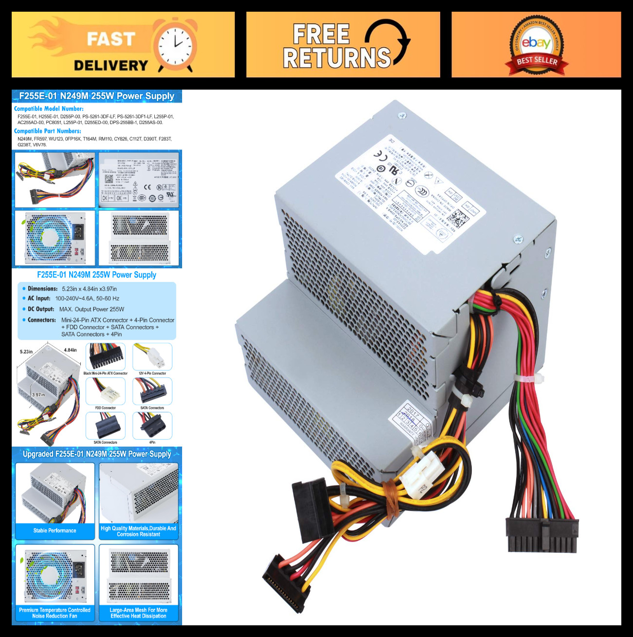 255W Power Supply Replacement for Dell Optiplex 580 760 780 960 980 DT PSU AC Ad