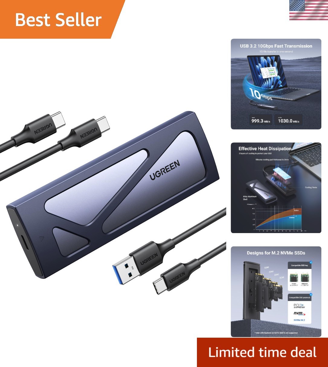 Tool-Free USB C NVMe SSD Enclosure - 10Gbps, 8TB Capacity, Lightweight Design
