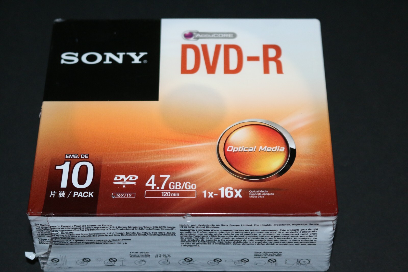 Sony DVD-R 10 pack 4.7gb 1x-16x 120min. Accucore w/jewel cases NEW SEALED