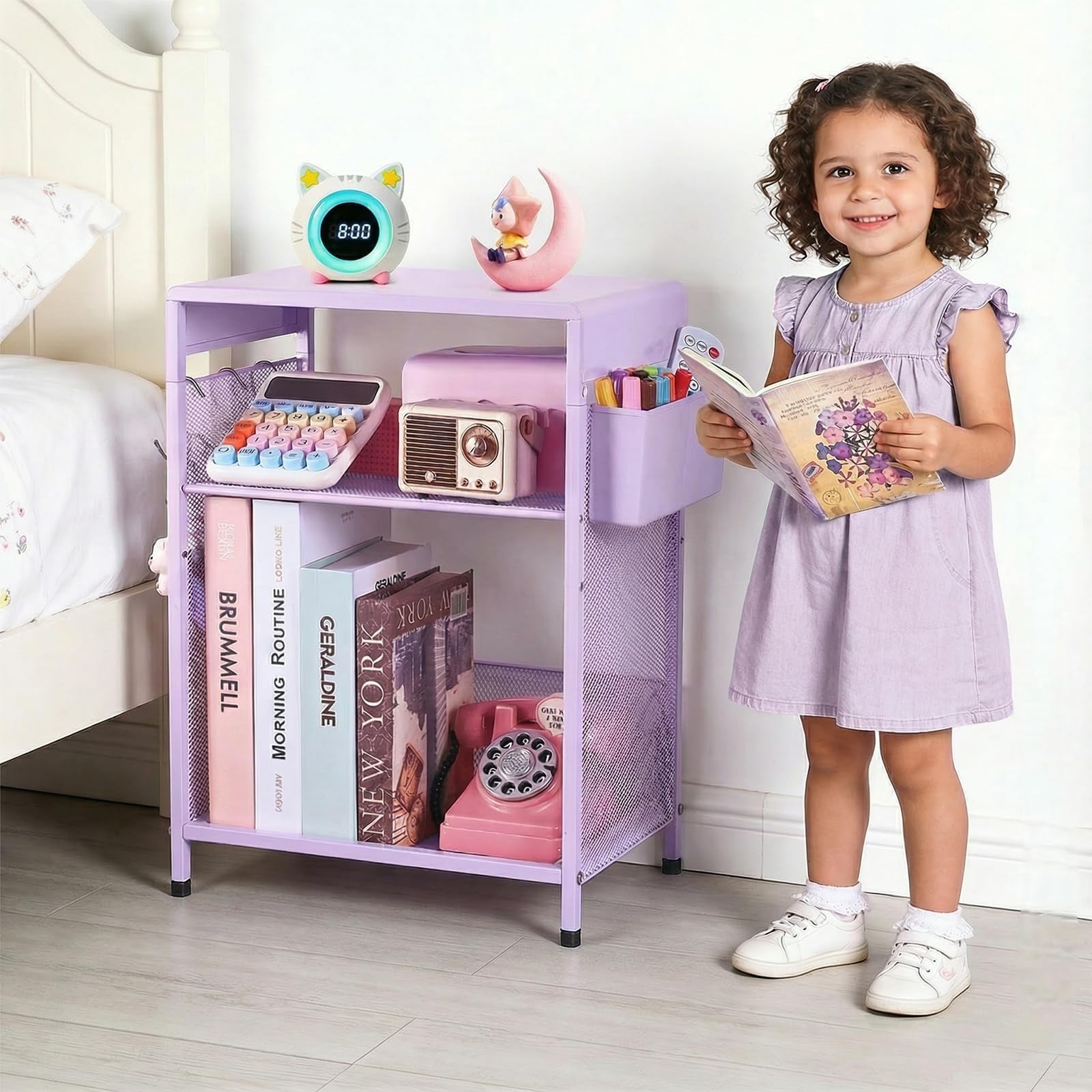 Kids Nightstand, 3-Tier Metal Side Table with Adjustable Storage Shelf, Baske...