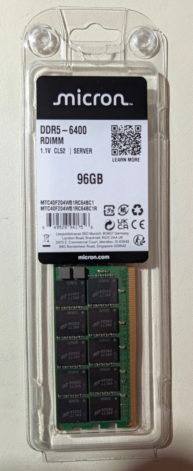 Micron 96GB DDR5 6400MHz PC5-51200 CL52 2Rx4 ECC RDIMM (MTC40F204WS1RC64BC1R)