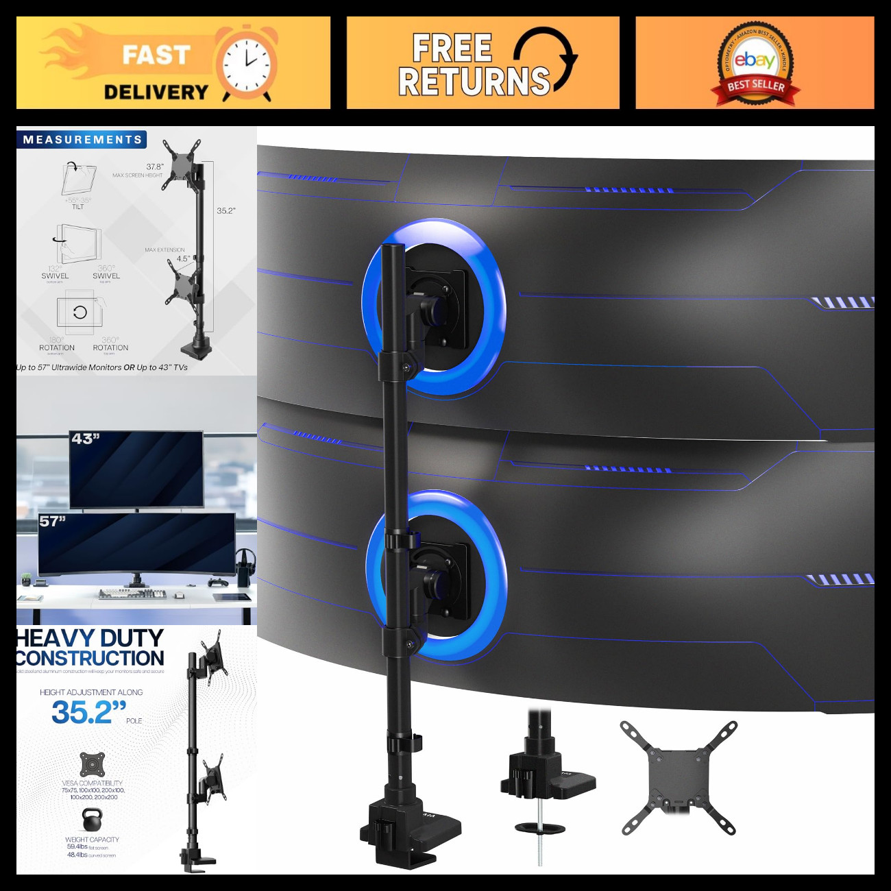 Dual Ultra-Wide Monitor Desk Mount - Vertically Stacked, Heavy Duty, Adjustable,