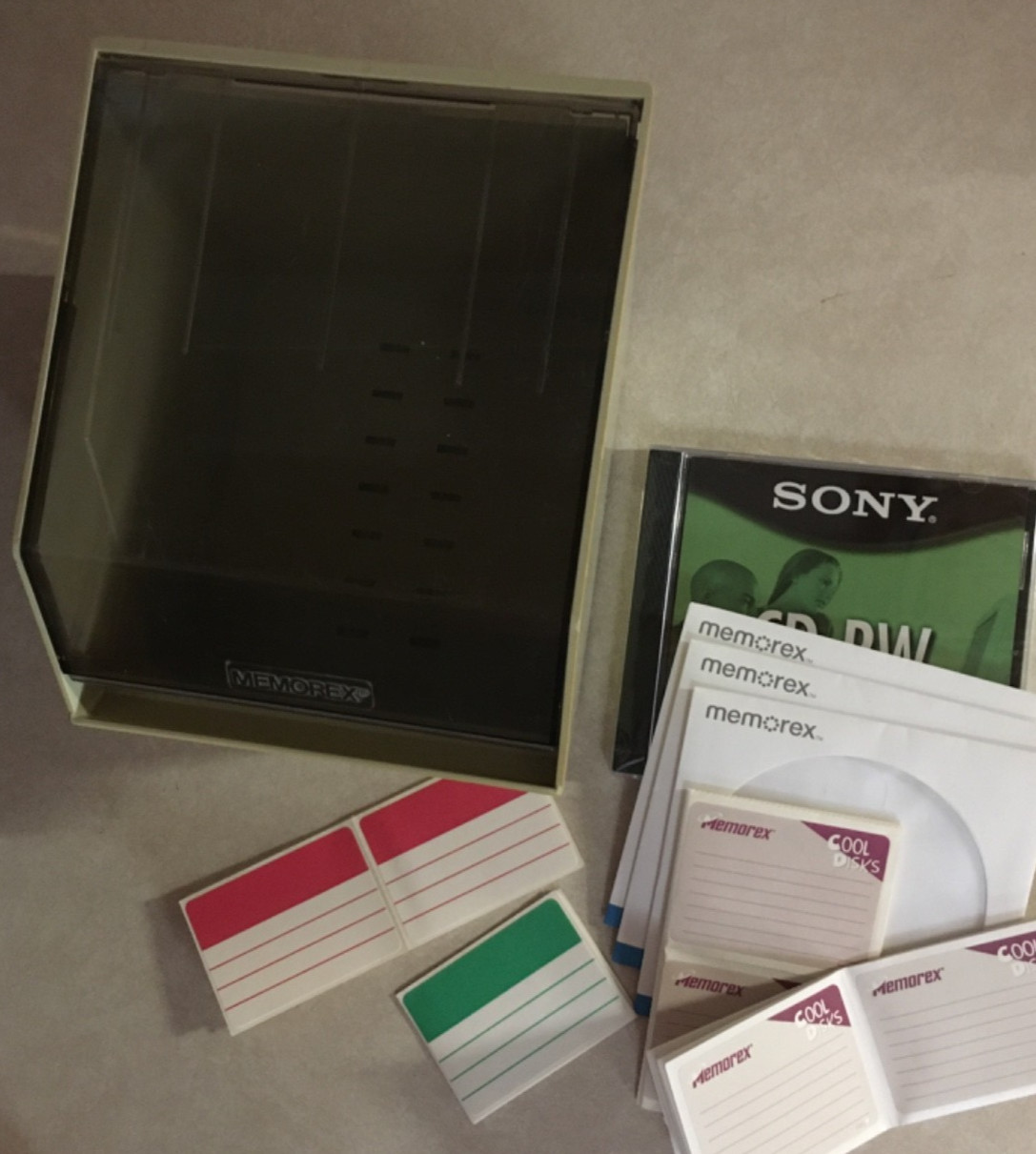 Vintage Memorex Floppy Disk File Box/Labels/Envelopes/Sony CD-RW Retro Office
