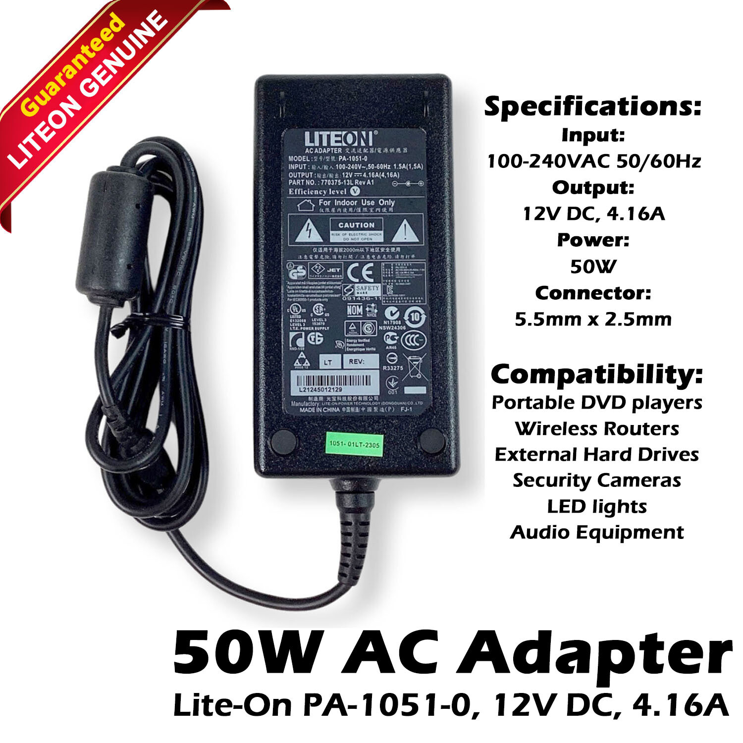 Universal Liteon PA-1051-0 AC Power Adapter 100-240V 1.5A 12V 50W 5KTNX 770375-1