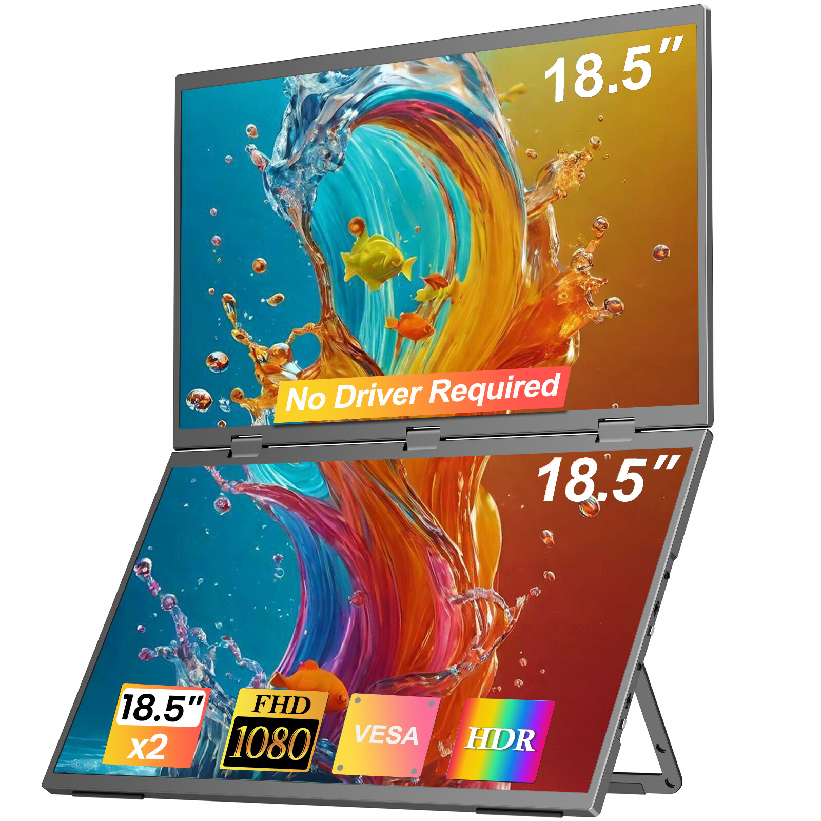 Used 18.5" 1080P Dual Monitor USB-C Plug & Play Travel Extended Computer Display