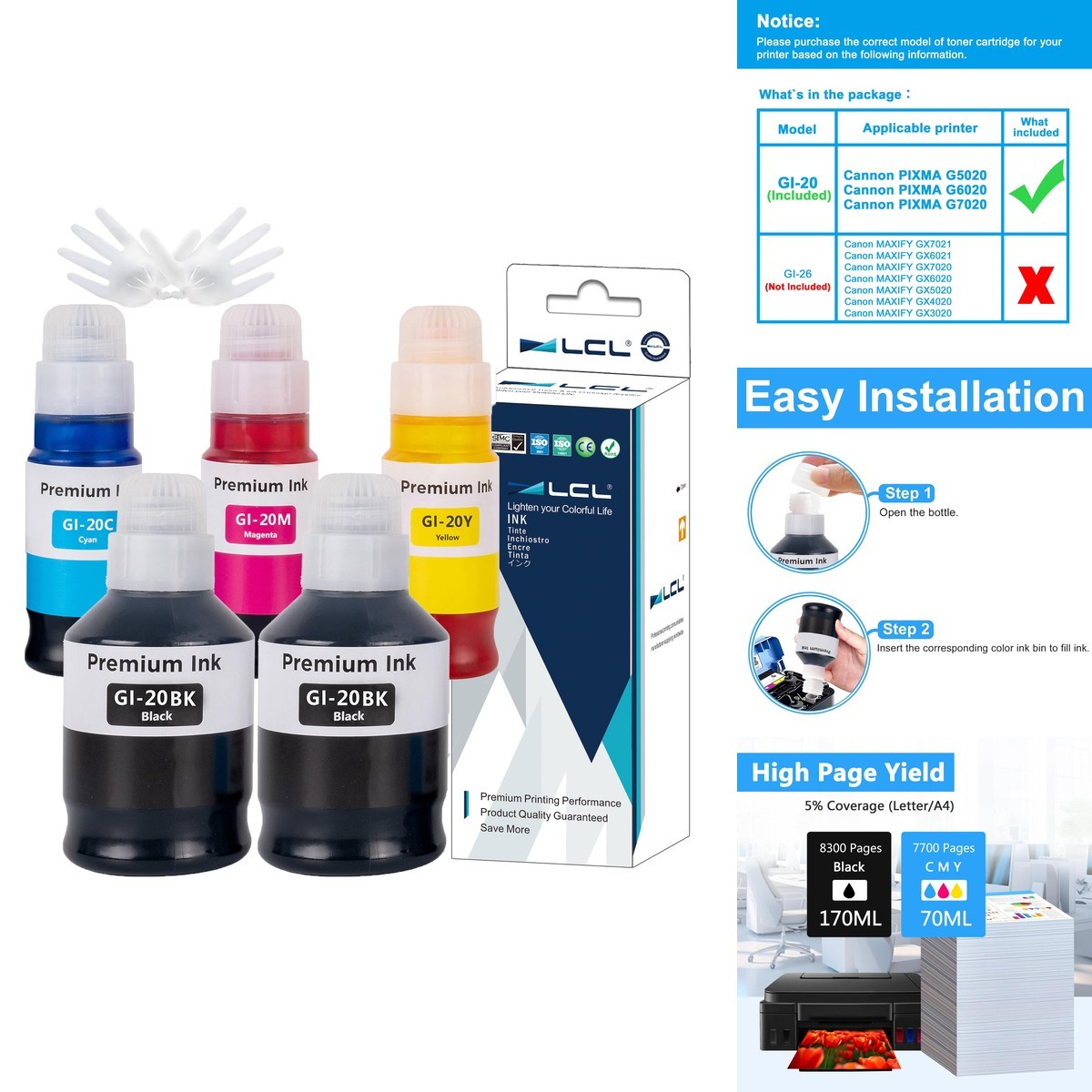 LCL GI-20 GI20 Ink Bottles Replacement Canon 20 GI20 GI-20 Ink Refill Bottles