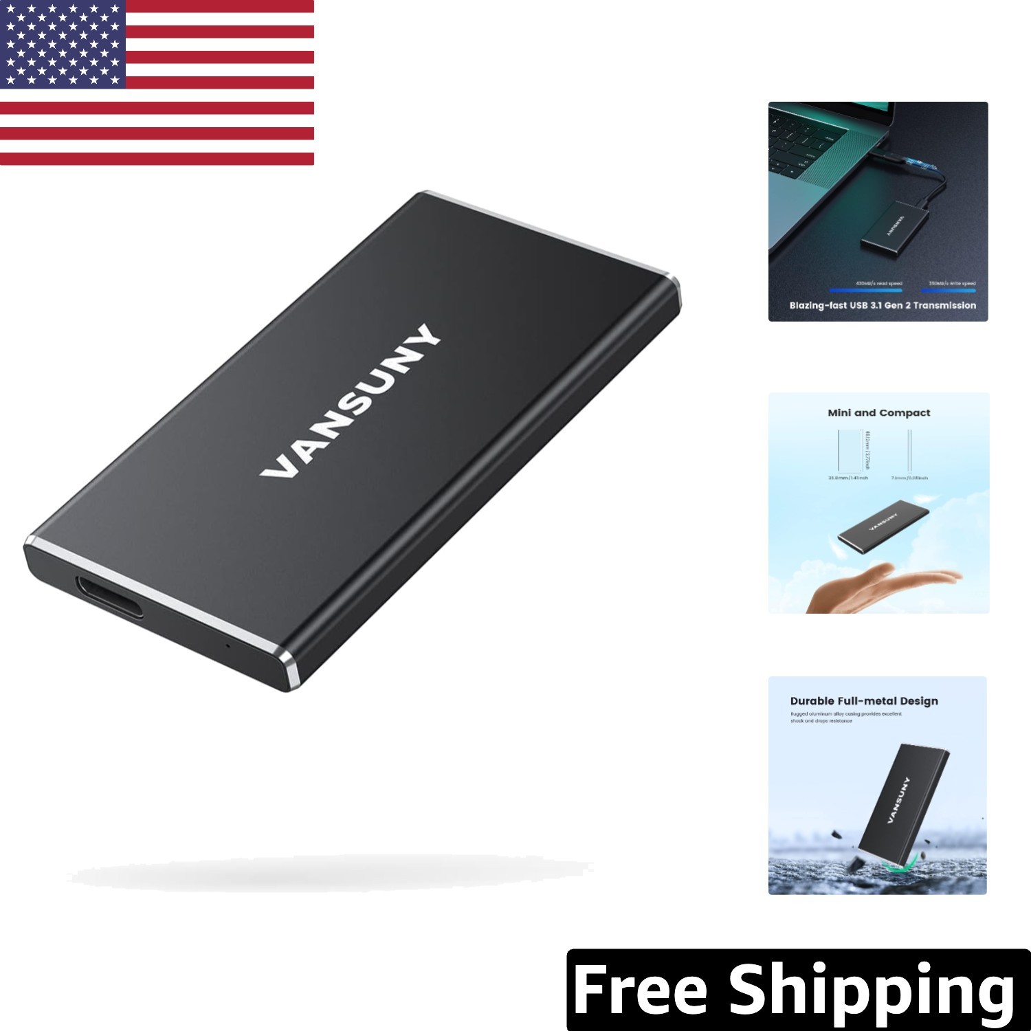 Ultra-Fast 250GB Portable SSD with USB 3.1 Gen2 – Lightweight & Metal Enclosure