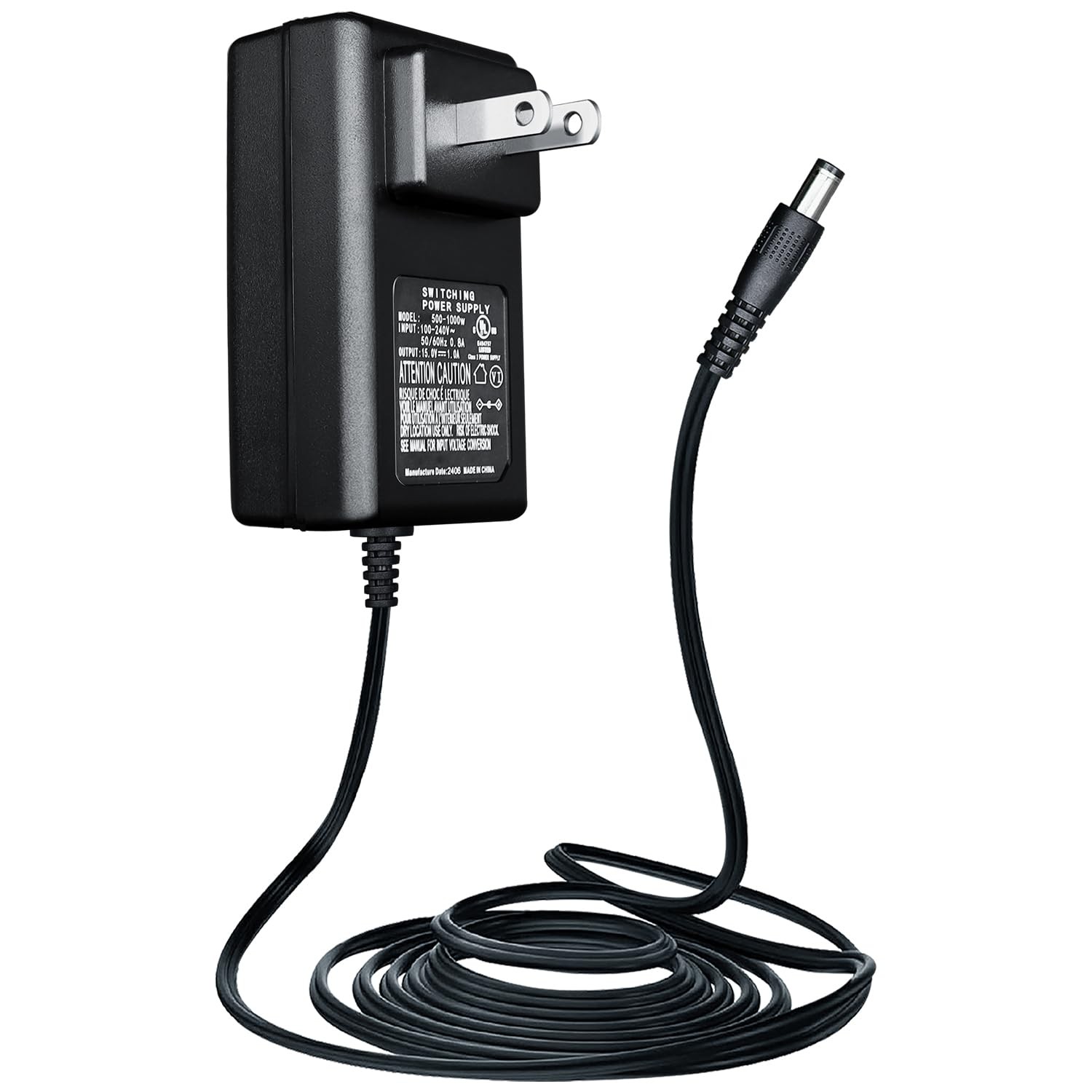 UL Listed 15V 1A Universal Power Supply Adapter, AC to DC 6ft, 15V-1A 