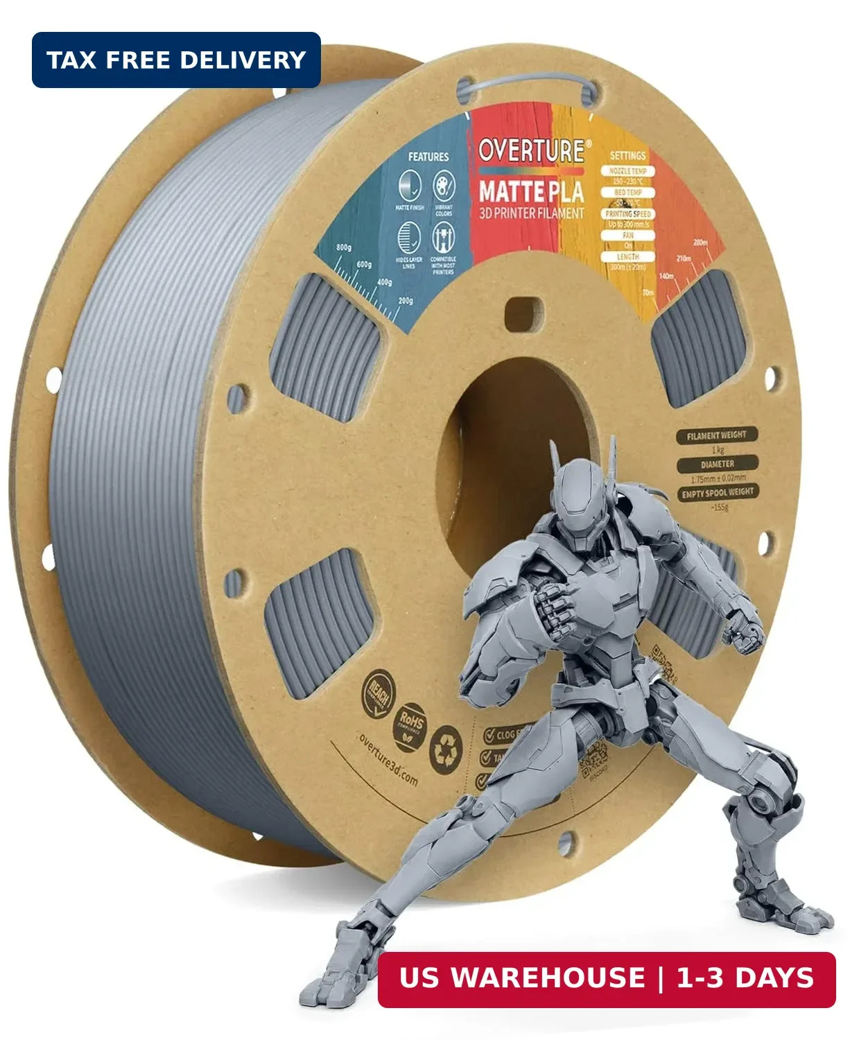 OVERTURE PLA Matte 3D Printer Filament 1.75mm, Matte PLA 1kg Cardboard Spool (2.