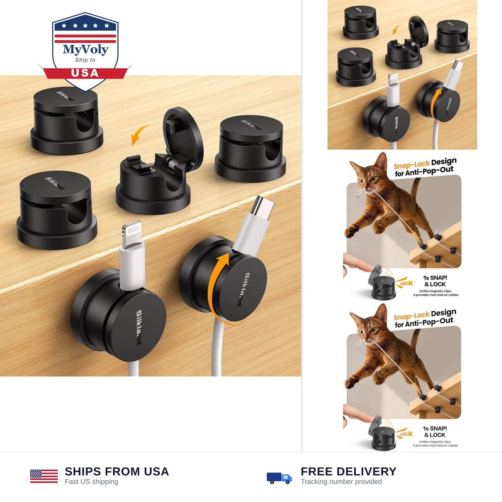 Silkland 6 Pack Snap-Lock Cable Clips, 360° Rotatable Cord Holder for Desk | ...