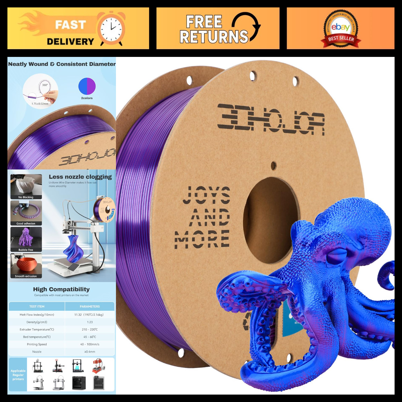 Dual Color Silk PLA Filament 1.75mm Blue Purple 3D Printing 1KG Coextrusion Spoo