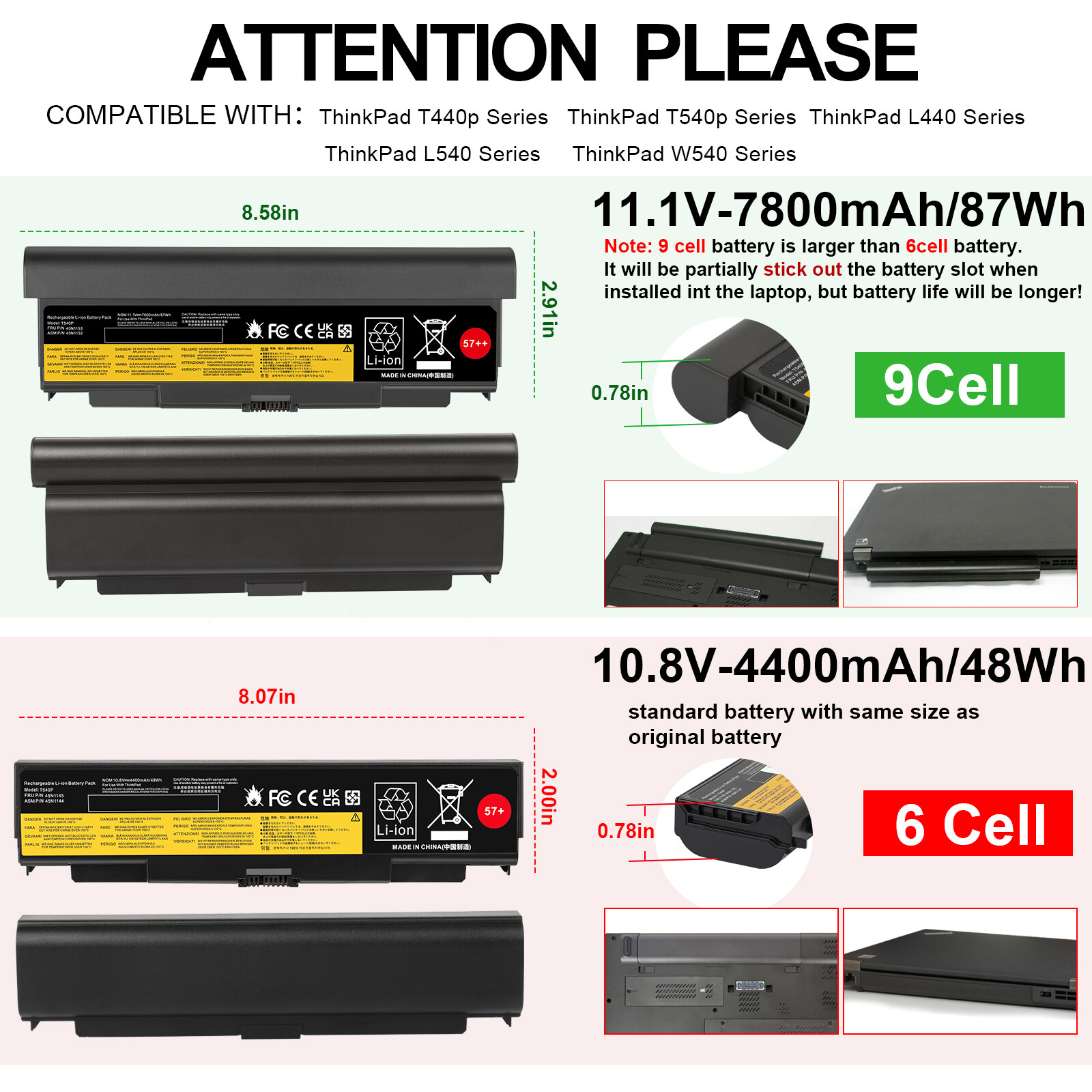 57++ Battery For Lenovo Thinkpad T440P T540P 45N1152 45N1153 0C52864 100Wh