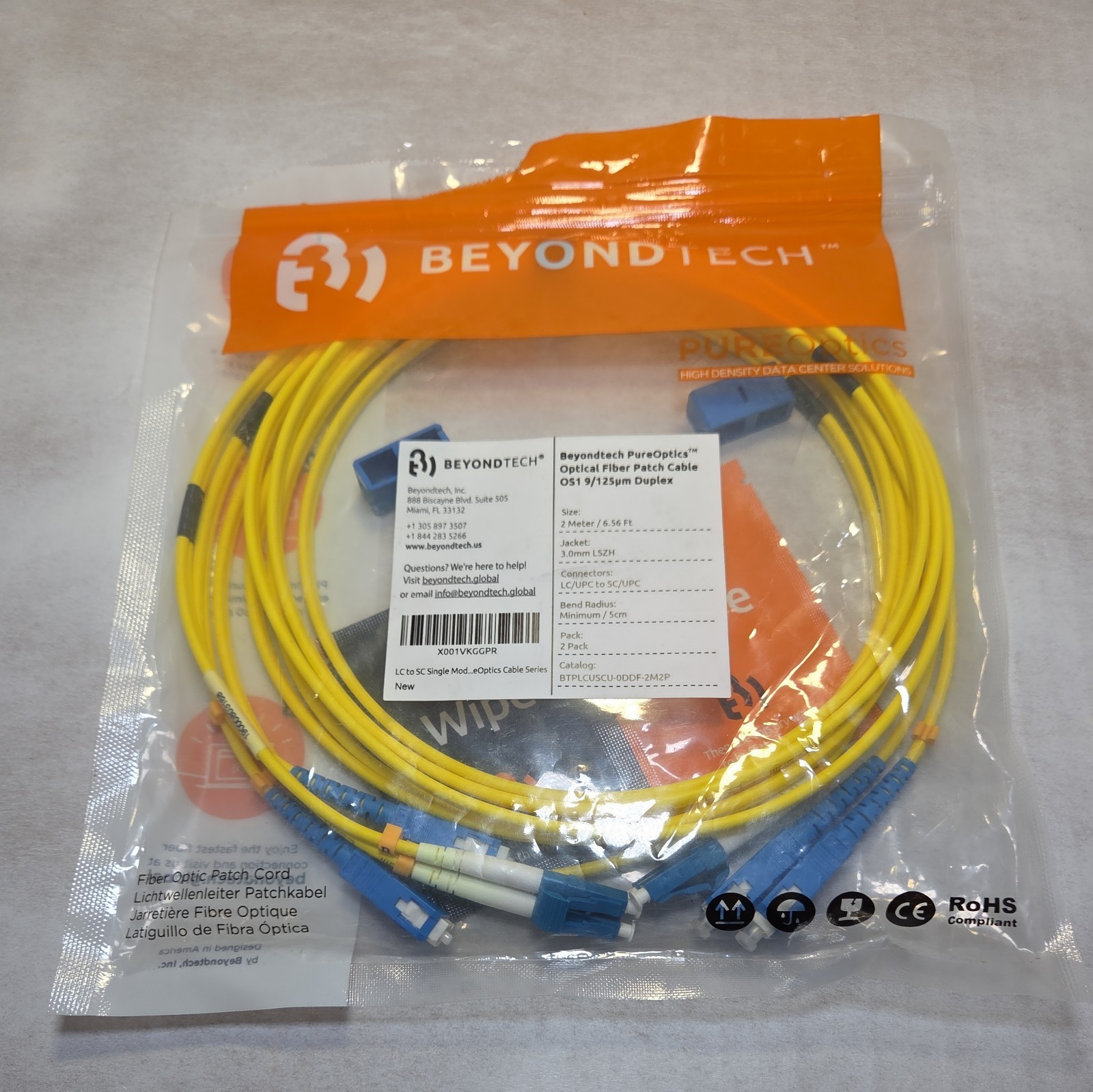 2 cables Beyondtech pureoptics optical fiber patch cable OSI 9/125um duplex 2M