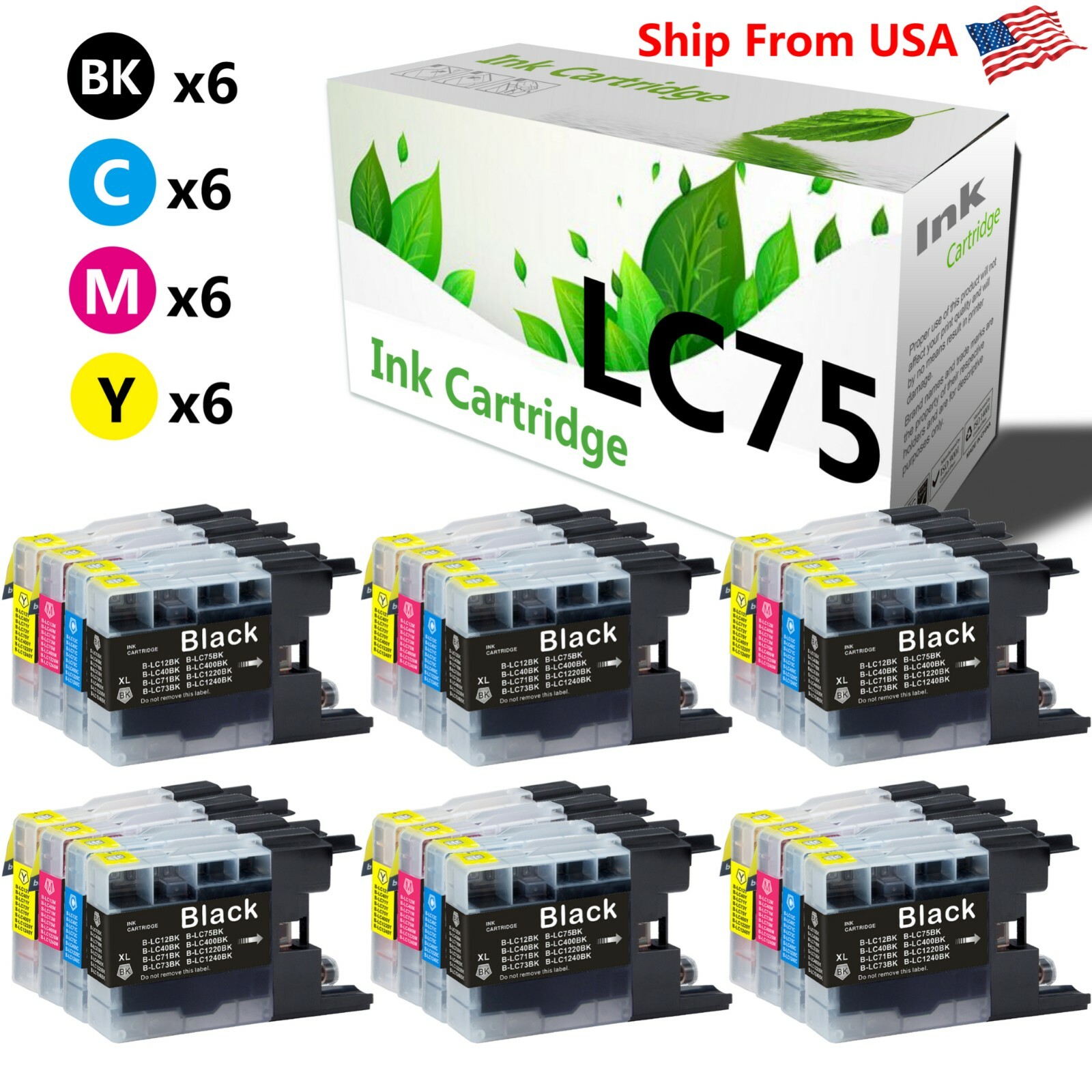24PK LC75 LC75XL LC-75 Ink Cartridge for MFC-J6510DW MFC-J430W Inkjet Printer