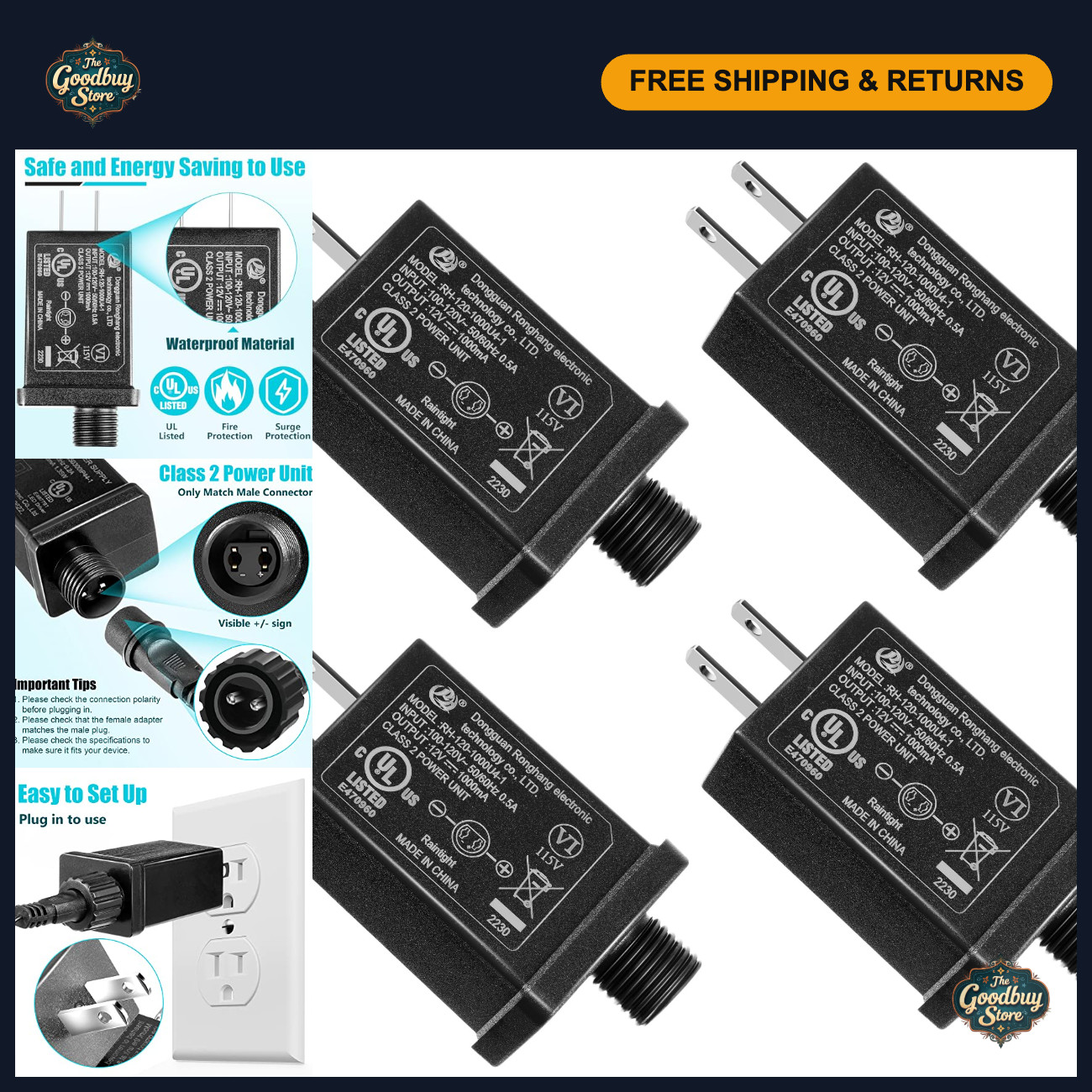 4 Pack 12V 1A Yard Inflatable Adapter, Class 2 Power Supply for Outdoor Decor