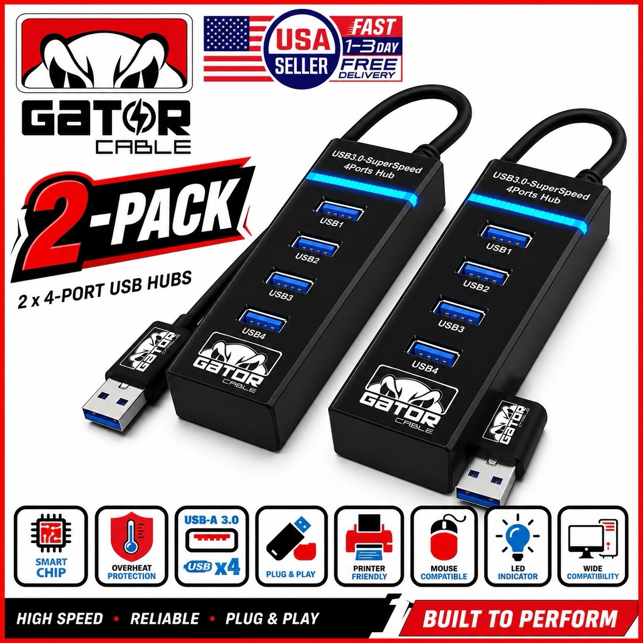 2-Pack USB 3.0 HUB 4 USB Multi Port Adapter Data For PC Mac Laptop Desktop LED