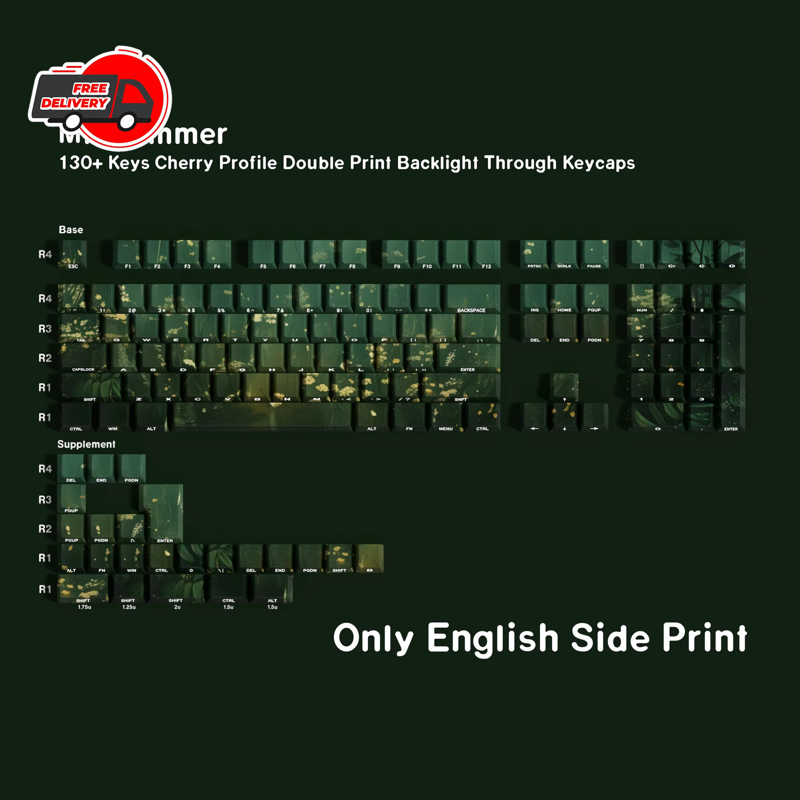 Jaycomia Cherry PBT Keycaps 131-Key Green Double Print Multi-Language Gaming