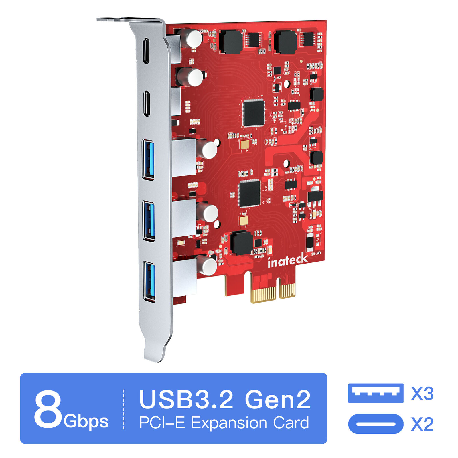 Inateck PCIe to USB 3.2 Gen 2 Expansion Card 8 Gbps 3 Type A & 2 Type C 5 Ports