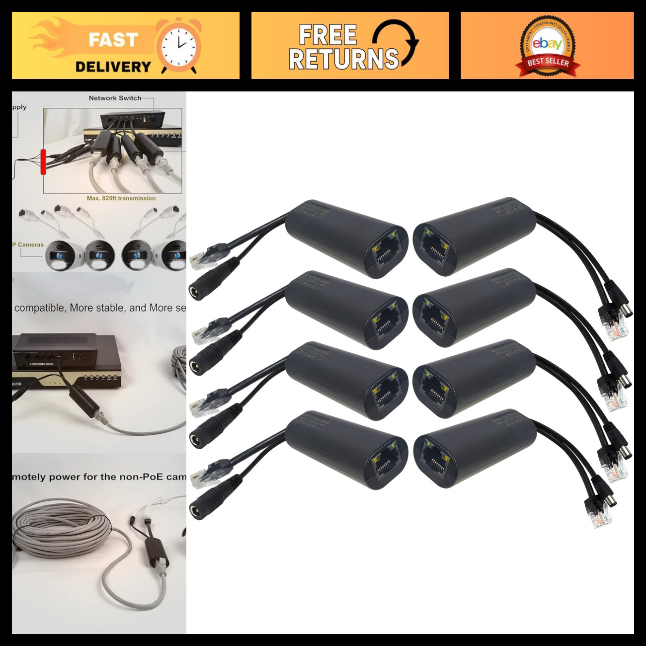 4-Pair Gigabit PoE Injector Splitter Kit - Passive Power Over Ethernet Adapters