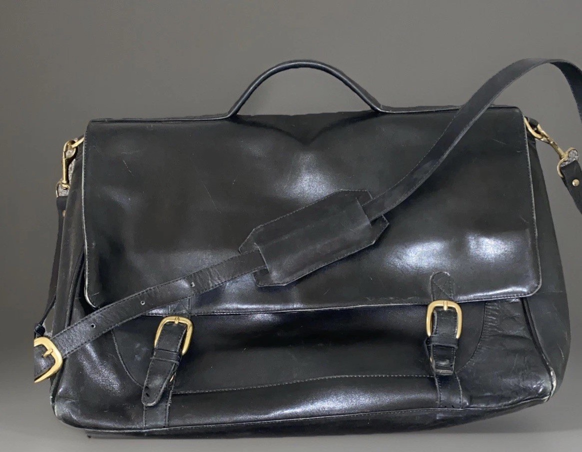 Vntg Levenger Fine Leather Black Messenger Laptop Bag 15” X 13” X 5” Bolivia