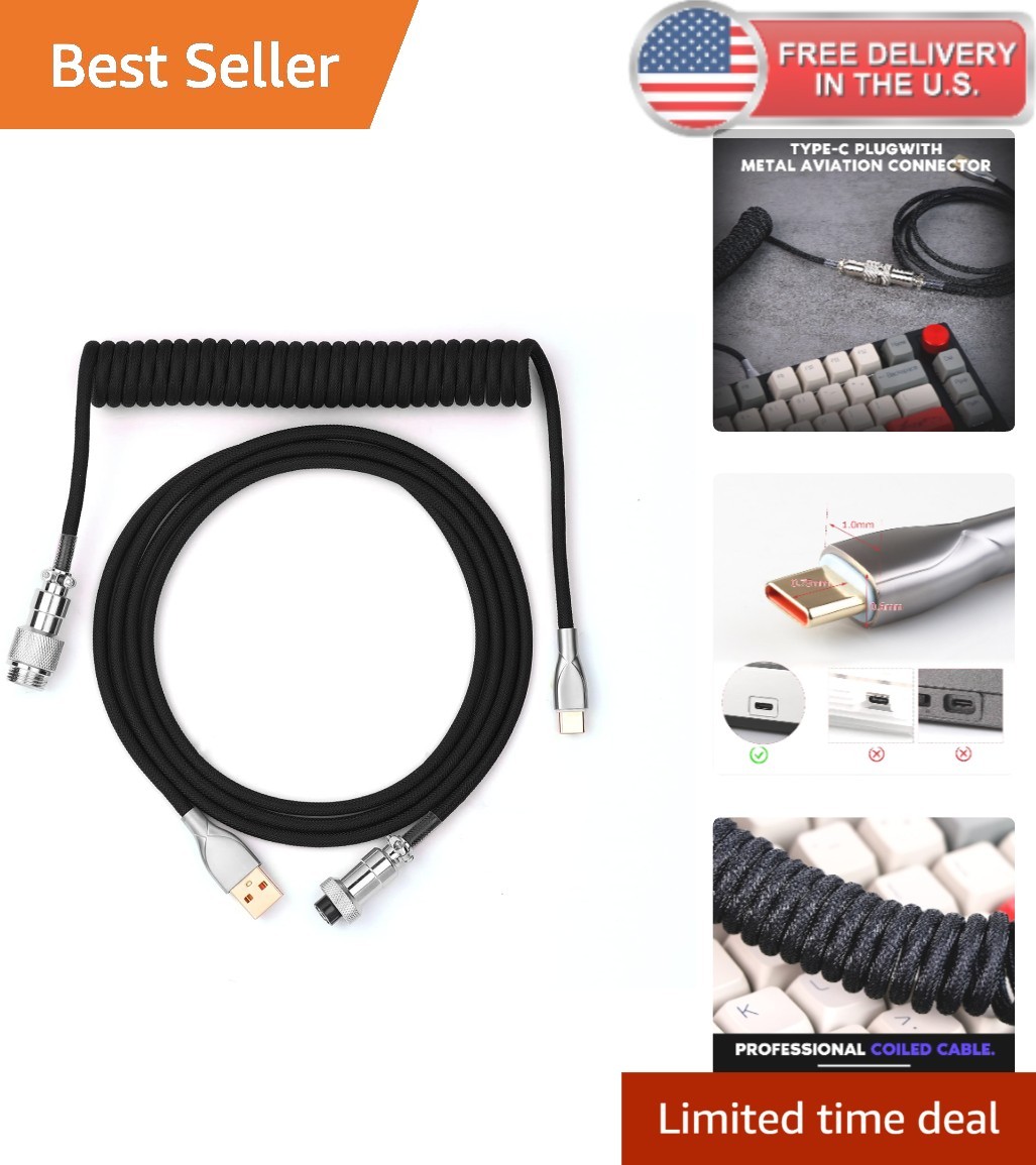 8m Coiled USB C to USB A TPU Cable with Detachable Aviator for Gaming Keyboards