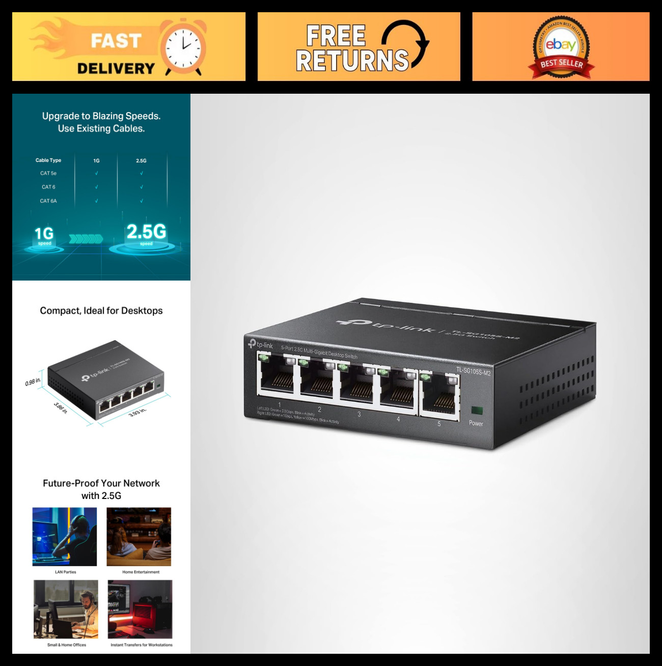 5-Port Multi-Gigabit 2.5G Unmanaged Ethernet Switch, High-Speed Network Hub