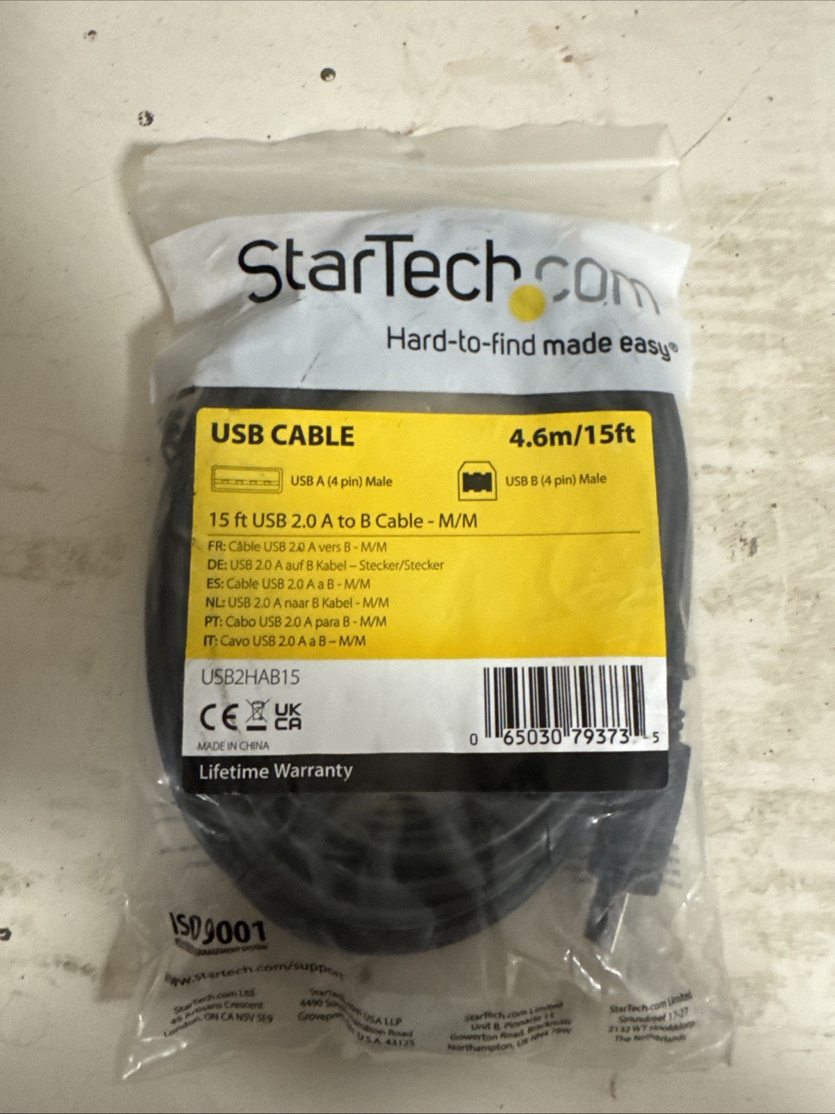 StarTech USB2HAB15 15 ft USB 2.0 A to B High Speed Certified Cable Male Male