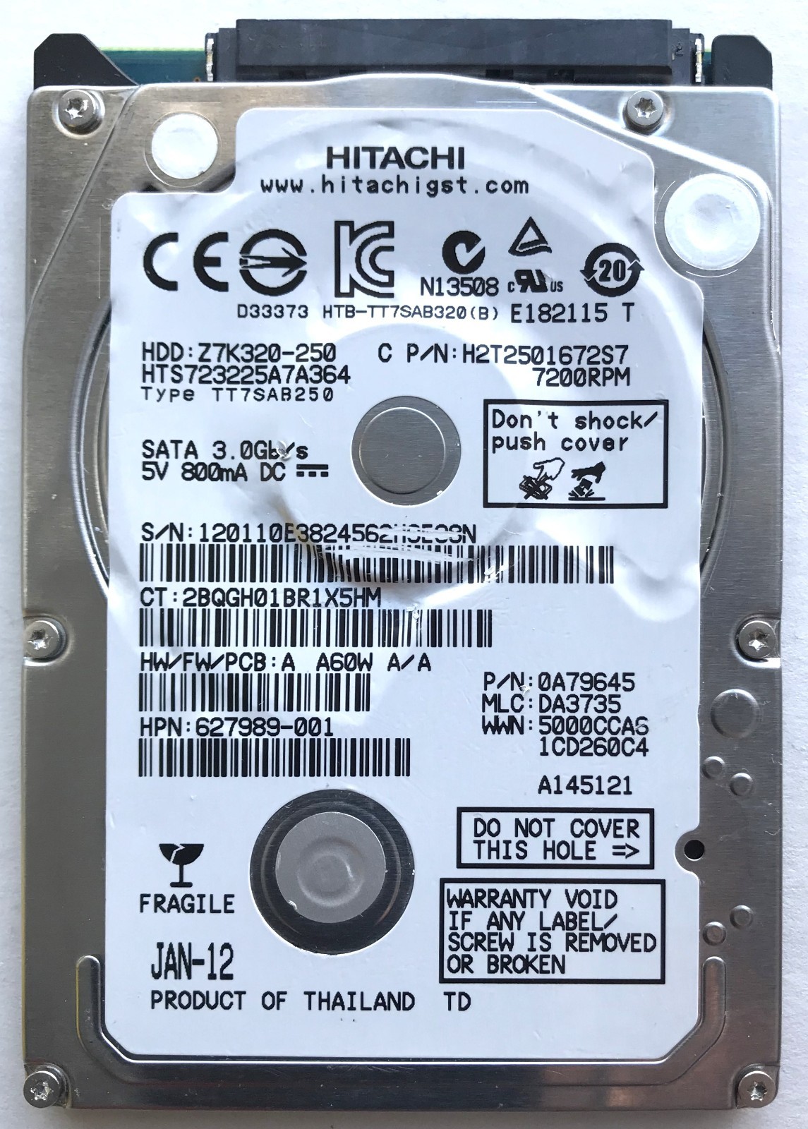 Hitach Z7K320 250GB 7200 RPM 2.5” SATA HDD HTS723225A7A364 P/N: 0A79645