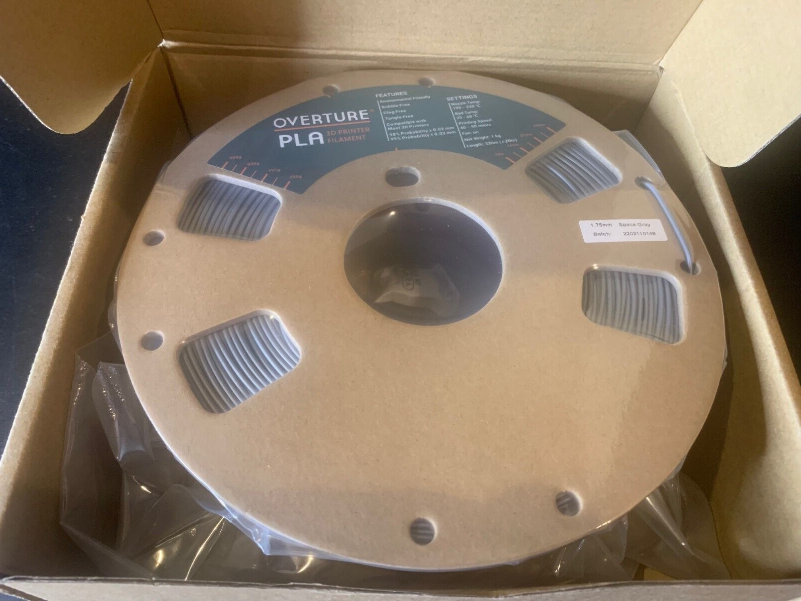 Overture PLA Filament 1.75 MM PLA 3D Printer Consumables- Space Gray