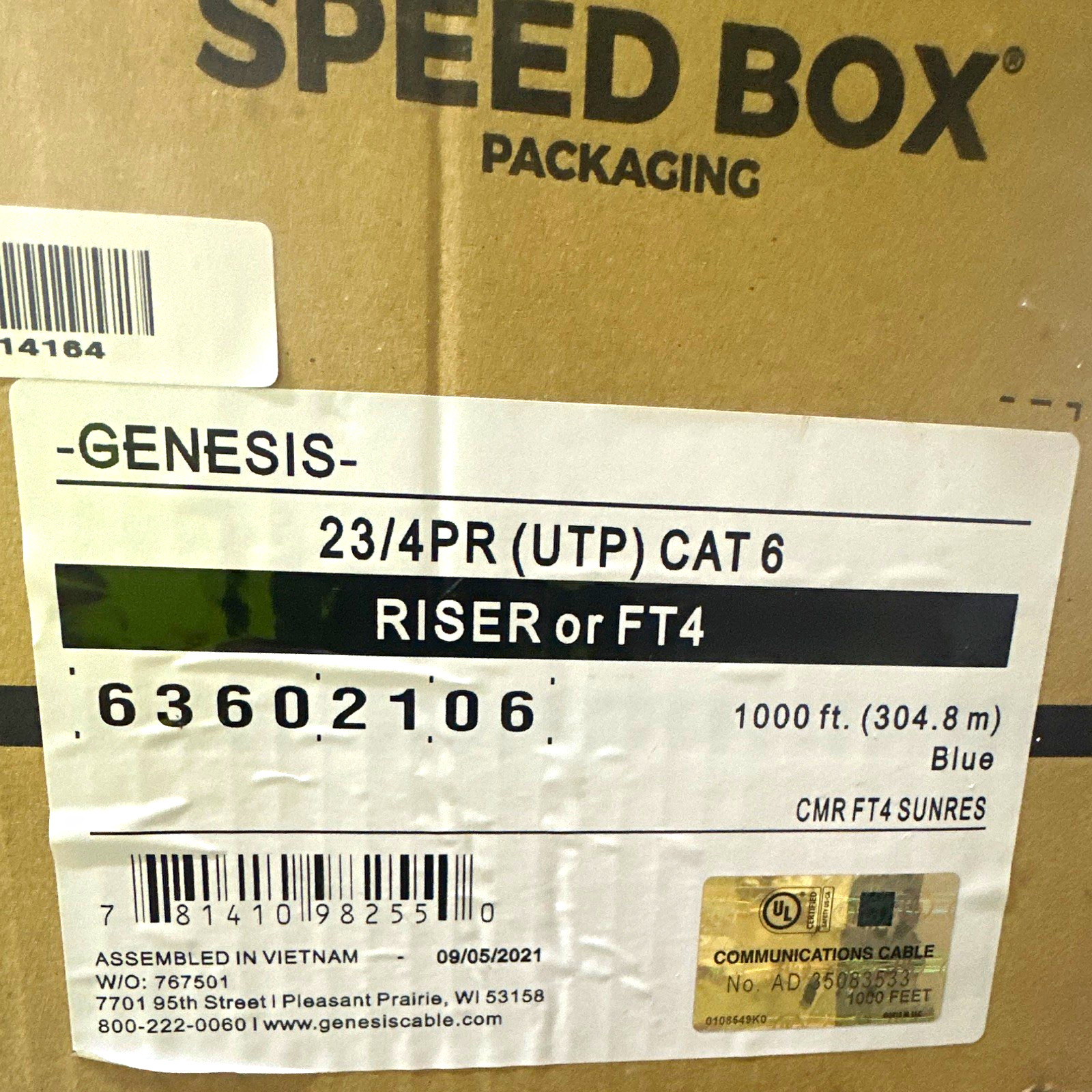 Genesis Cat6 UTP 23/4PR Riser CMR/FT4 Bulk Raw Cable 1000 ft Blue