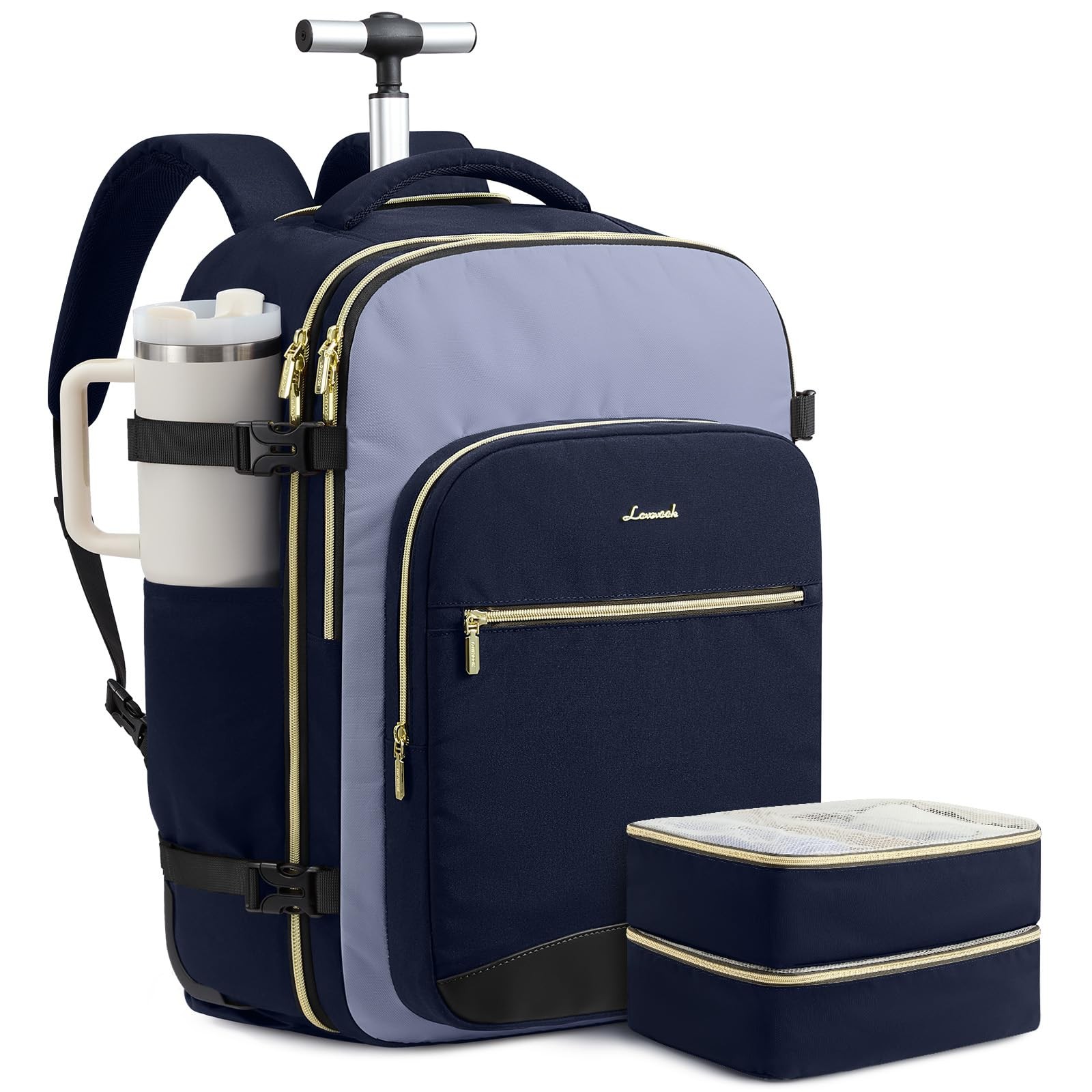 LOVEVOOK Rolling Backpack with 56L-3Pcs-Luggage, Ink Blue-grey Blue-black