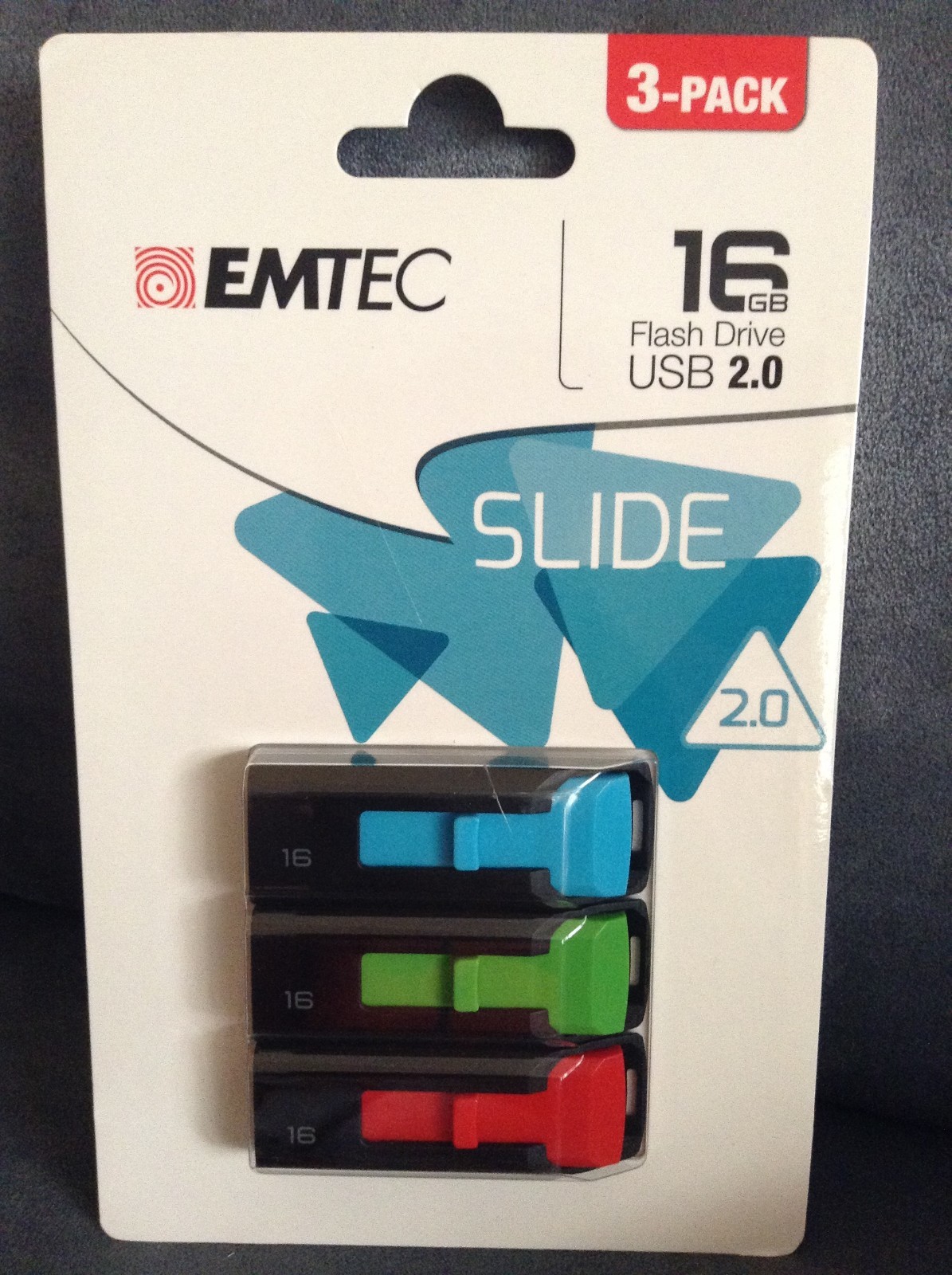 EMTEC SLIDE 3-PACK FLASH DRIVE USB 2.0 16 GB BLUE, GREEN, RED - BRAND NEW