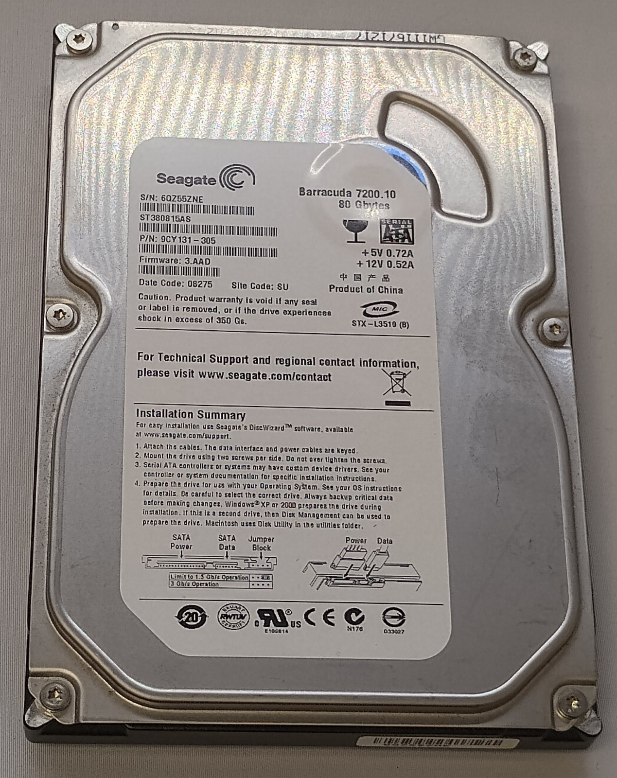 Seagate Barracuda 7200.9 80GB Internal 7200RPM 3.5" (ST3808110AS) HDD