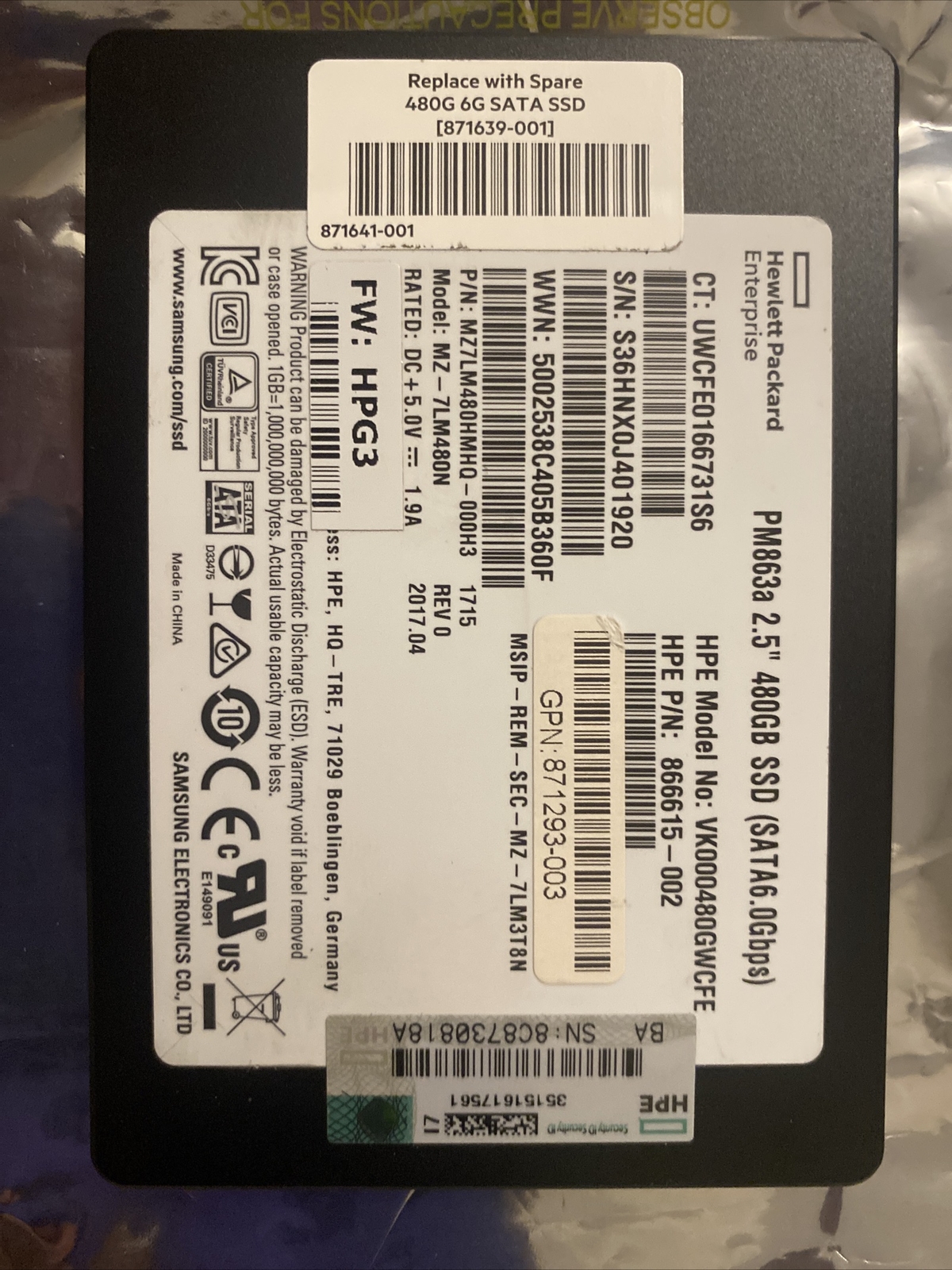 Samsung PM863a 480GB SATA 6Gb/s 2.5" Enterprise Internal SSD MZ-7LM480N