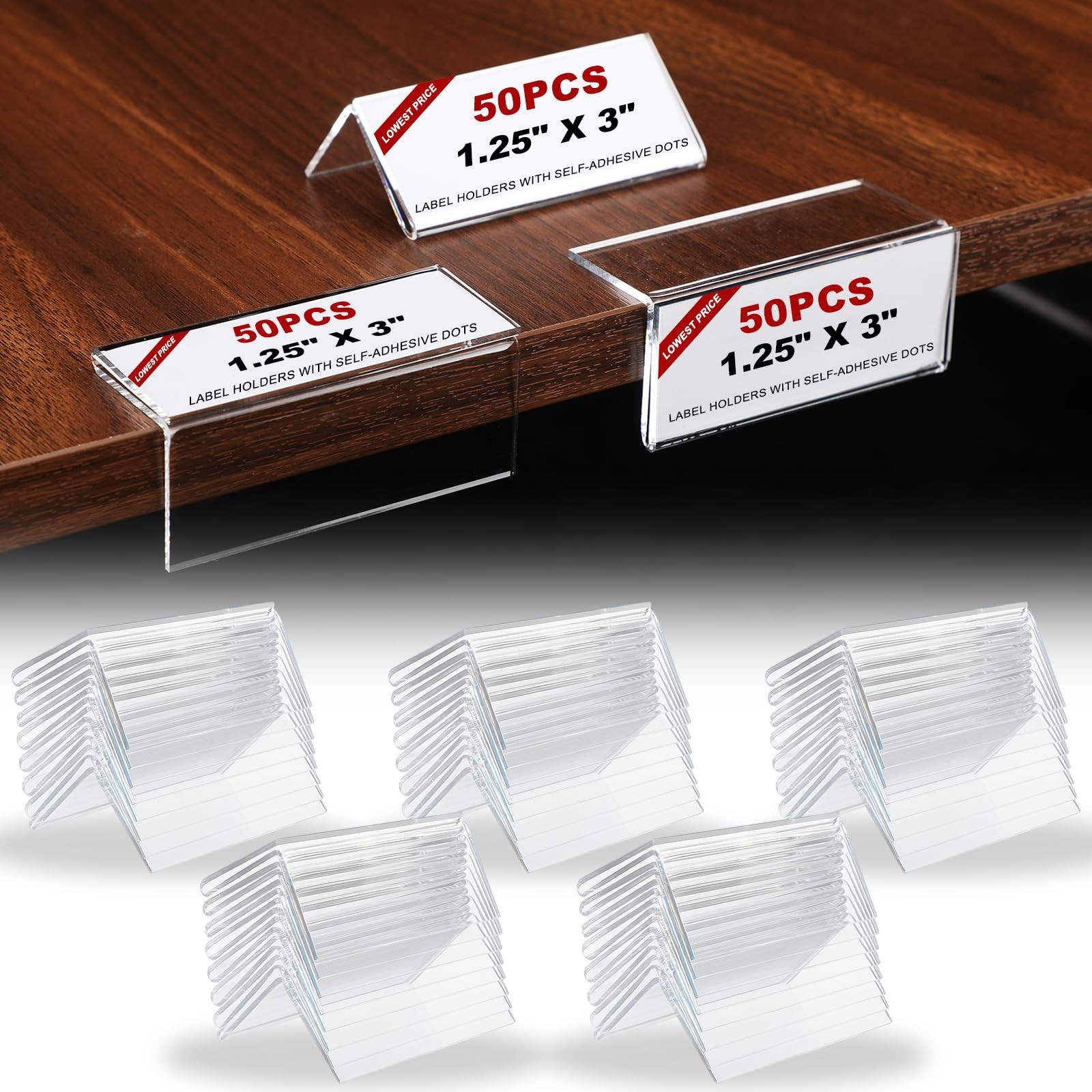 50 PCS Rigid Acrylic Shelf Label Holders 1.25x3 Inch Clear LShape Name Plate