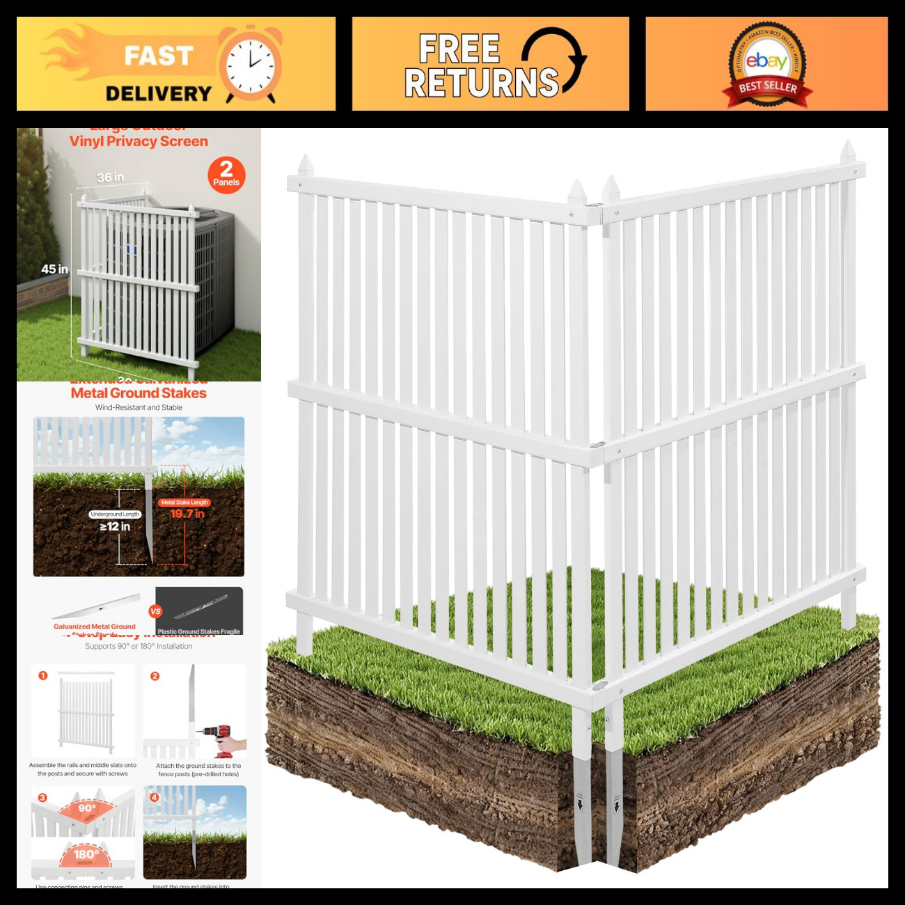 Outdoor Privacy Screen Panels - 36x45" Air Conditioner Fence with Ground Stakes,