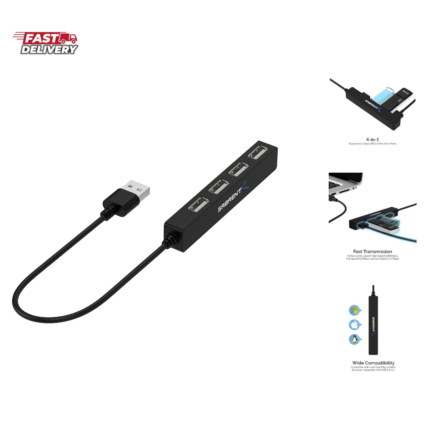 4 Port Portable USB 2.0 Hub 9.5" Cable for Ultra Book, MacBook Air, Windows 8...