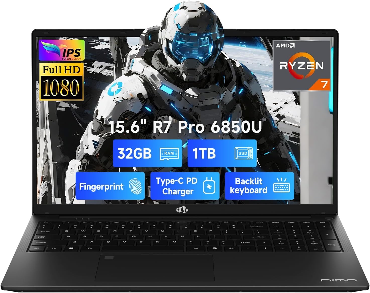 NIMO 15.6 Light Gaming Laptop 8 Cores AMD R7 Pro 6850U 32GB LPDDR5 RAM 1TB SSD