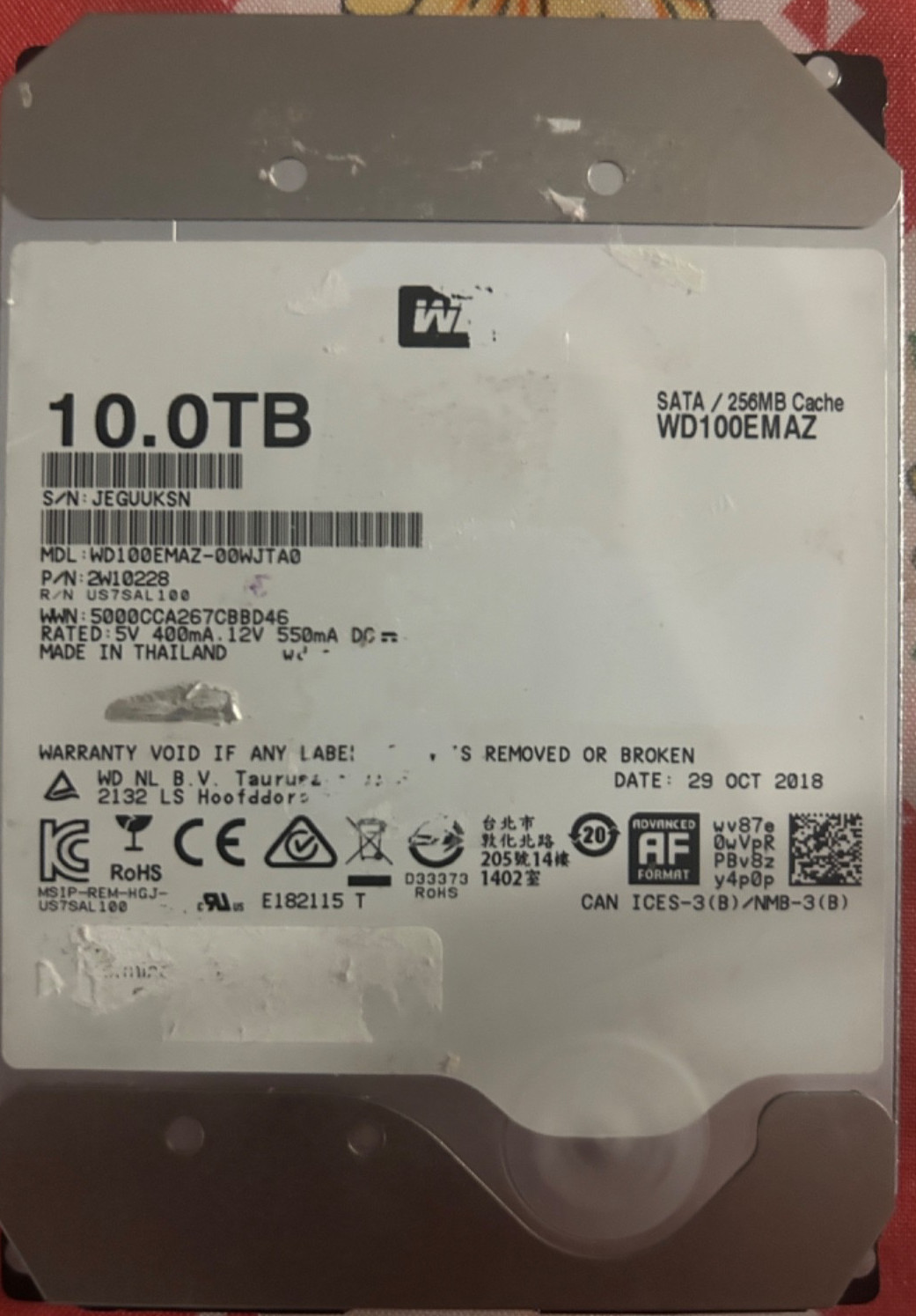 WD100EMAZ-00WJTA0 P/N: 2W10228 Western Digital 10TB