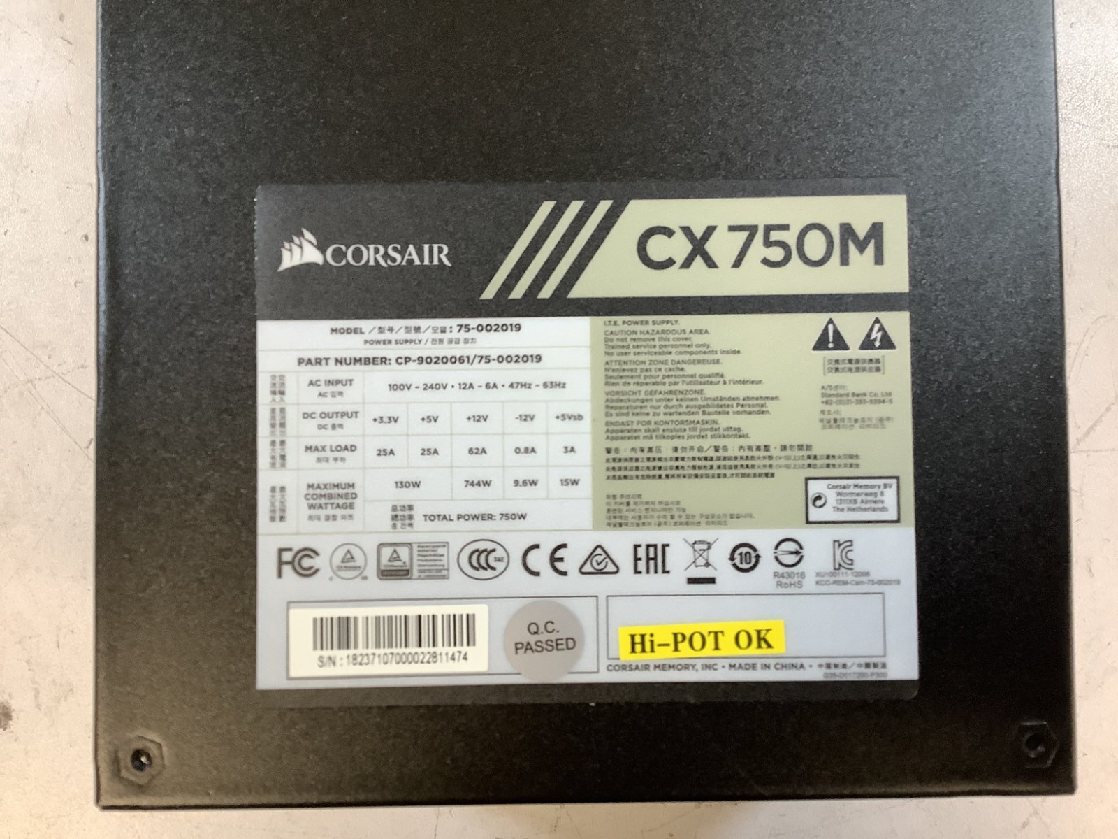 Corsair CX750M/75-002019 750W 240V 12A Power Supply (CP-9020061/75-002019) "A5D"