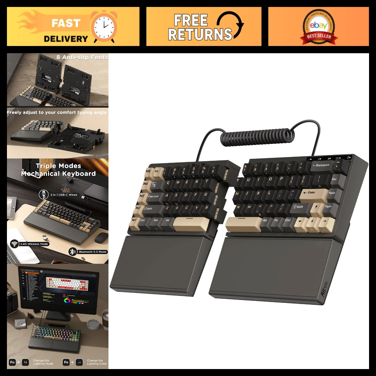 Ergonomic Split Keyboard with Linear Creamy Switches - Black, Gaming & Office Us