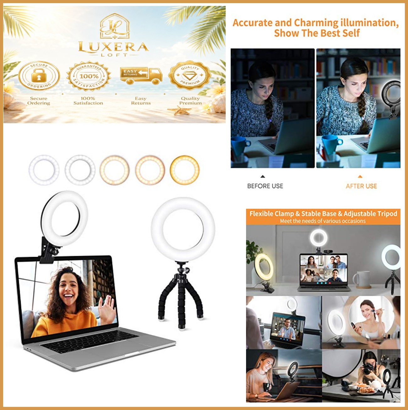 Ring Light for Webcam 8 Inch 5 Color Temperature USB Powered Clip On Laptop