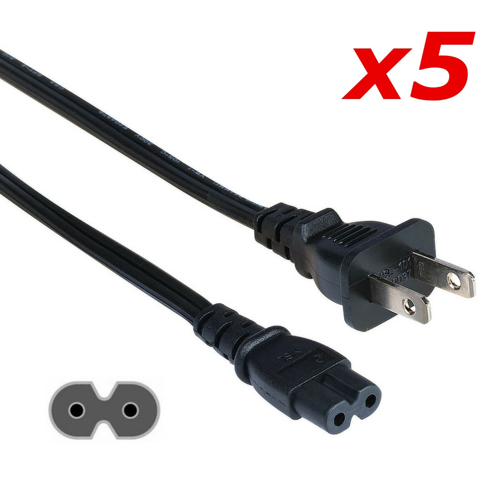 5 Pack - 3ft Two Prong AC Power Cord Cable NEMA 1-15P C7 for Laptop PS3 PS4 DVR