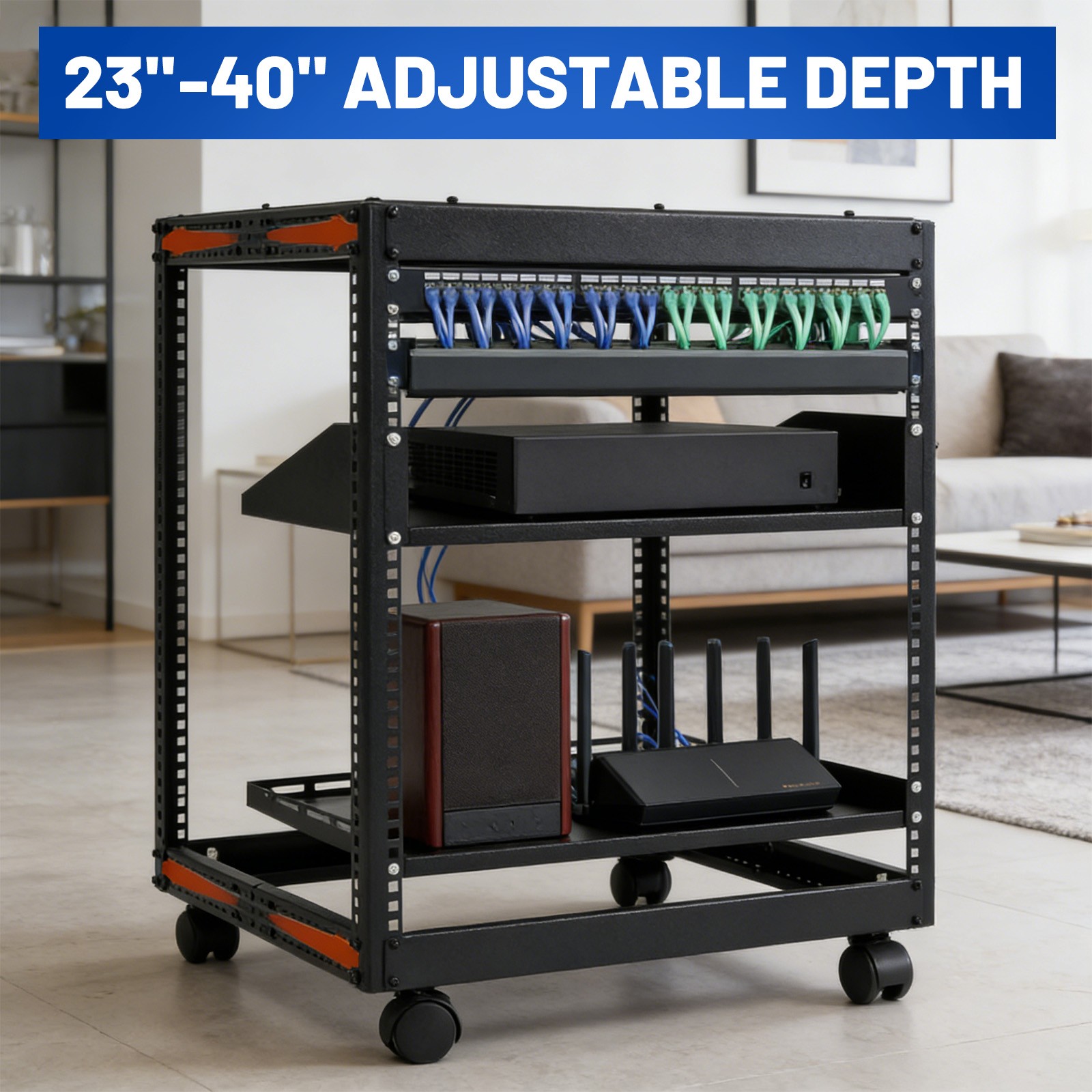 12U 4 Post Open Frame Server Rack Network 23"-40" Adjustable w/ Casters Shelves