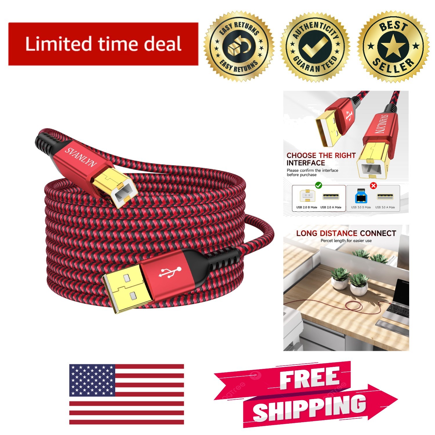 Reinforced 6FT USB A to B Printer Cable - Fast Data Transfer & Easy Plug Play