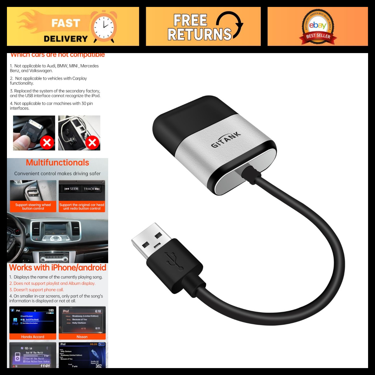 Bluetooth USB Car Adapter for Infiniti Nissan Honda Chevy Ford Mazda - Wireless